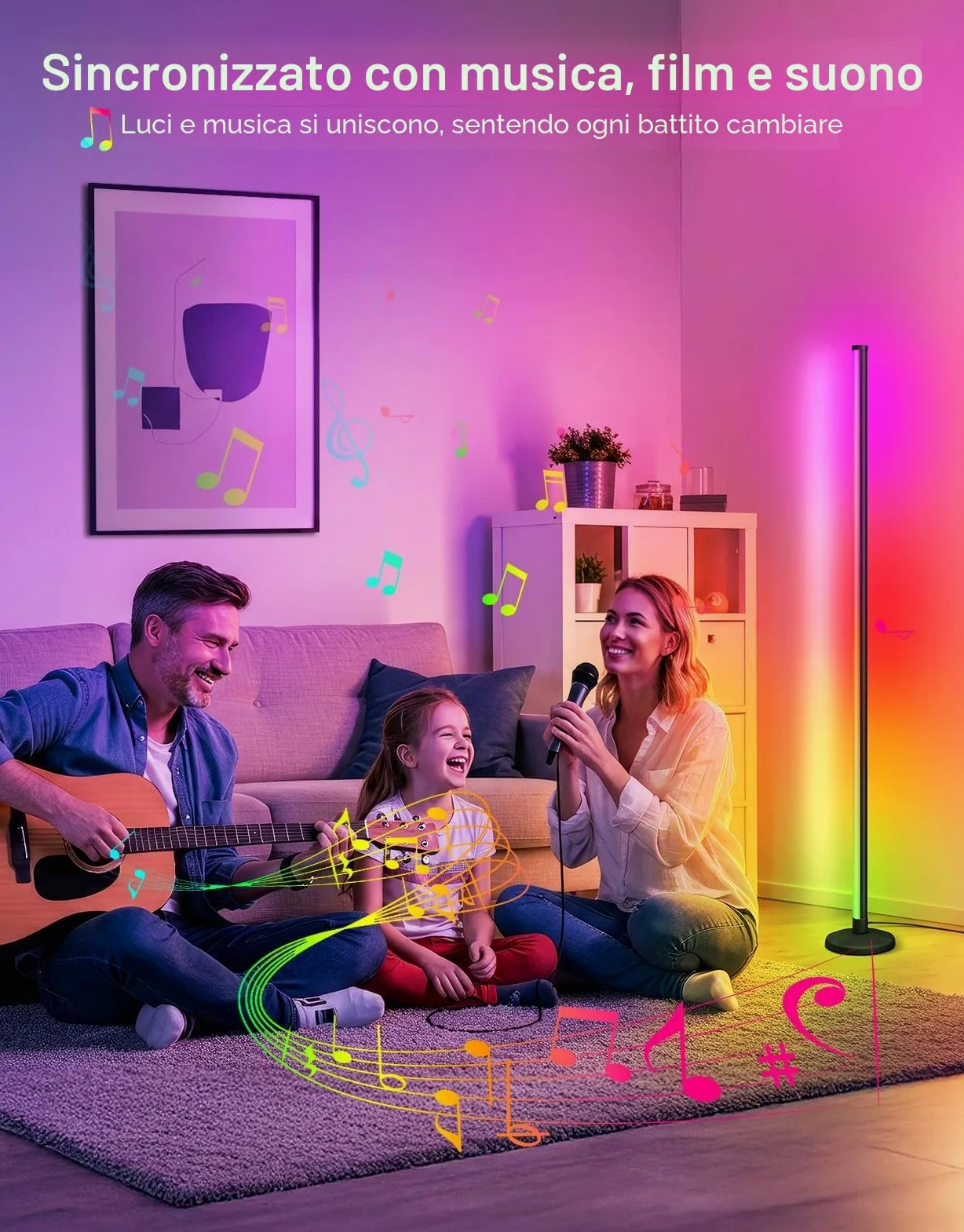 OUTON Lampada da Terra LED 2-Pezzi, RGBIC Dimmerabile Piantana con Telecomando e Controllo APP, 16 Milioni di Colori, Sincronizzazione Musicale, Timer, per Soggiorno, Camera, Giochi