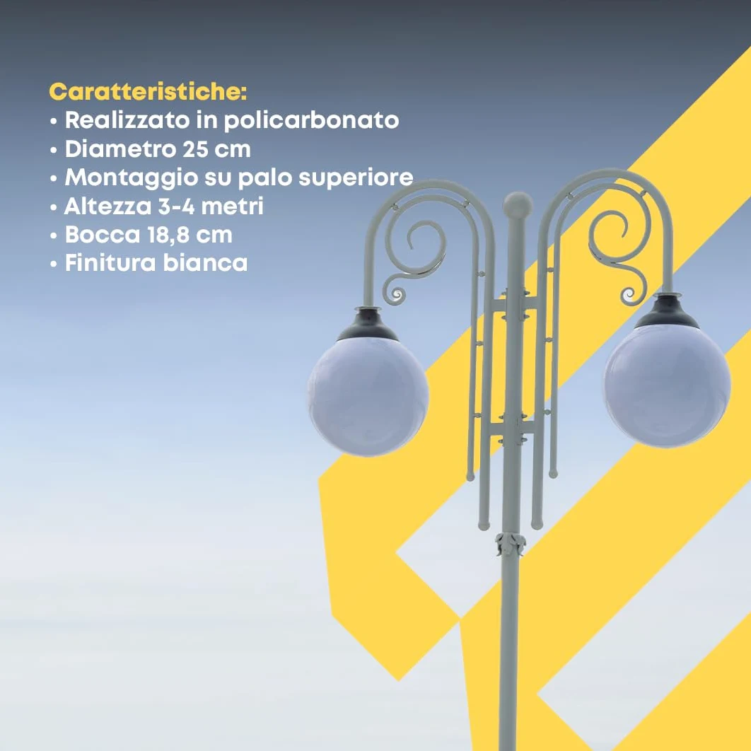 Globo Lampione da Esterno - Illuminazione Pubblica - Policarbonato Bianco - Dimensioni: Ø 25 cm - Impugnatura a Baionetta: 11,8 cm