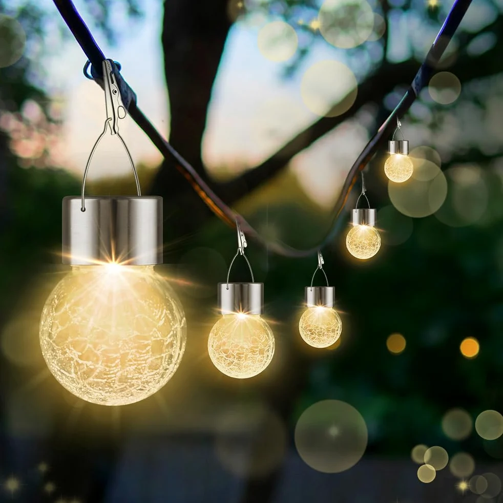 Luci solari da appendere per esterni, confezione da 8, lanterna solare impermeabile con manico e clip, luci a sfera in vetro a energia solare, per giardino, cortile, recinzione, albero, ombrello,