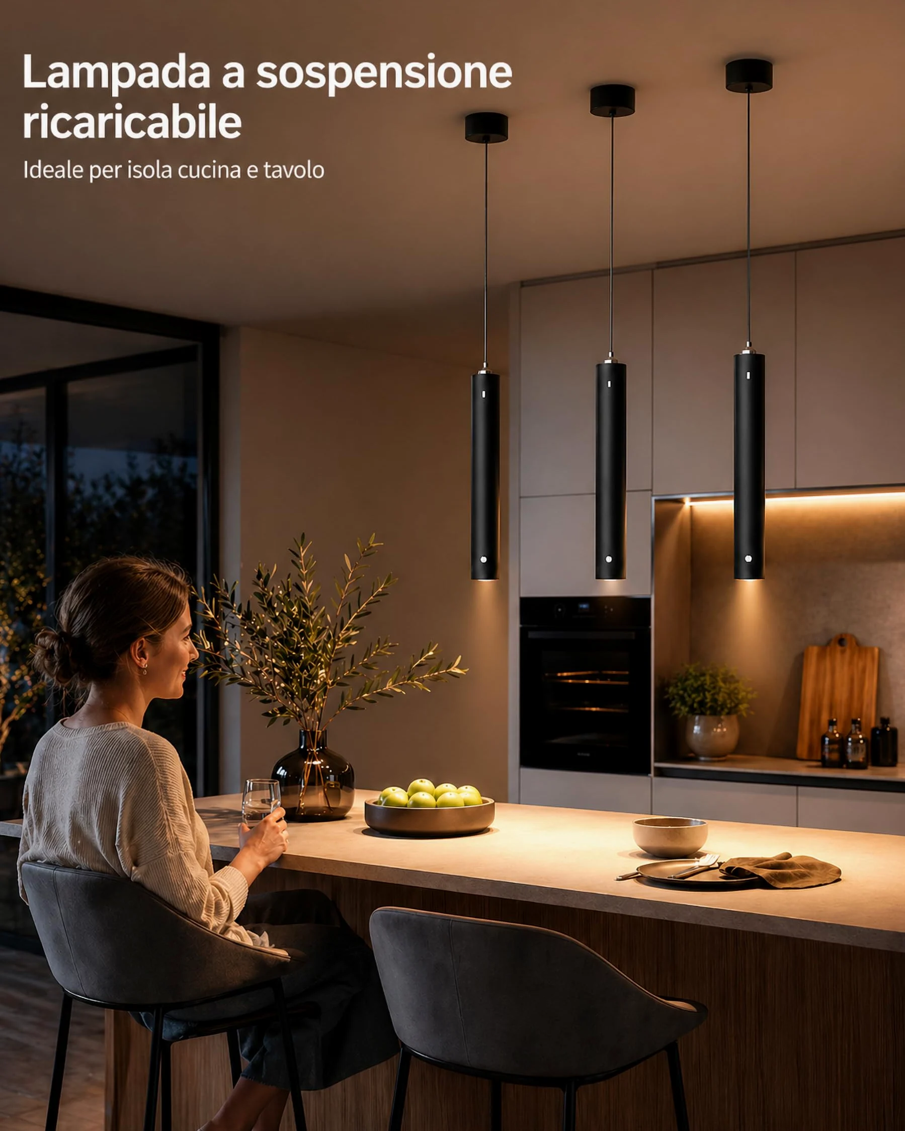 ACMHNC Lampada a Sospensione a Batteria Senza Fili,5W LED Sospensione Ricaricabile USB-C 4500mAh con Telecomando,Dimmerabile 3000K/4000K/6000K, Timer,Lampadario Camera da Letto Cucina, Nero,Ø4x30cm