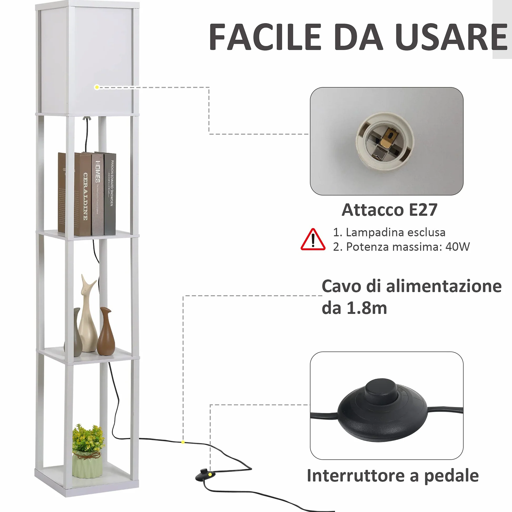 HOMCOM Lampada da Terra con 3 Mensole Integrate, Attacco E27 Potenza 40W, Arredamento Moderno in MDF, 26x26x160cm, Bianco