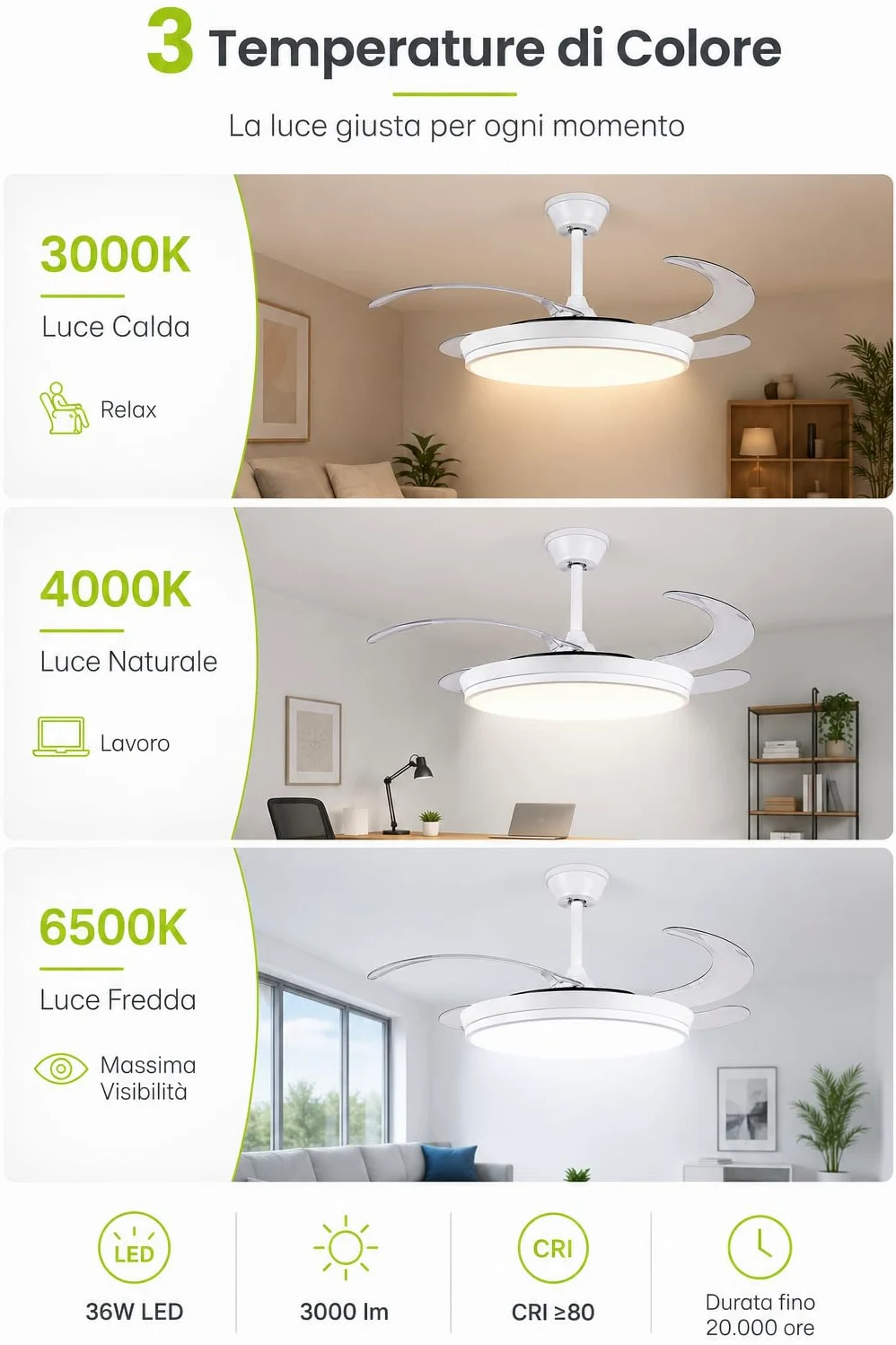 Ventilatore da Soffitto con Luce LED 36W e Telecomando | Pale Retrattili 106 cm | 6 Velocità Motore DC | CCT 3000K 4000K 6500K | Lampadario Ventilatore Moderno