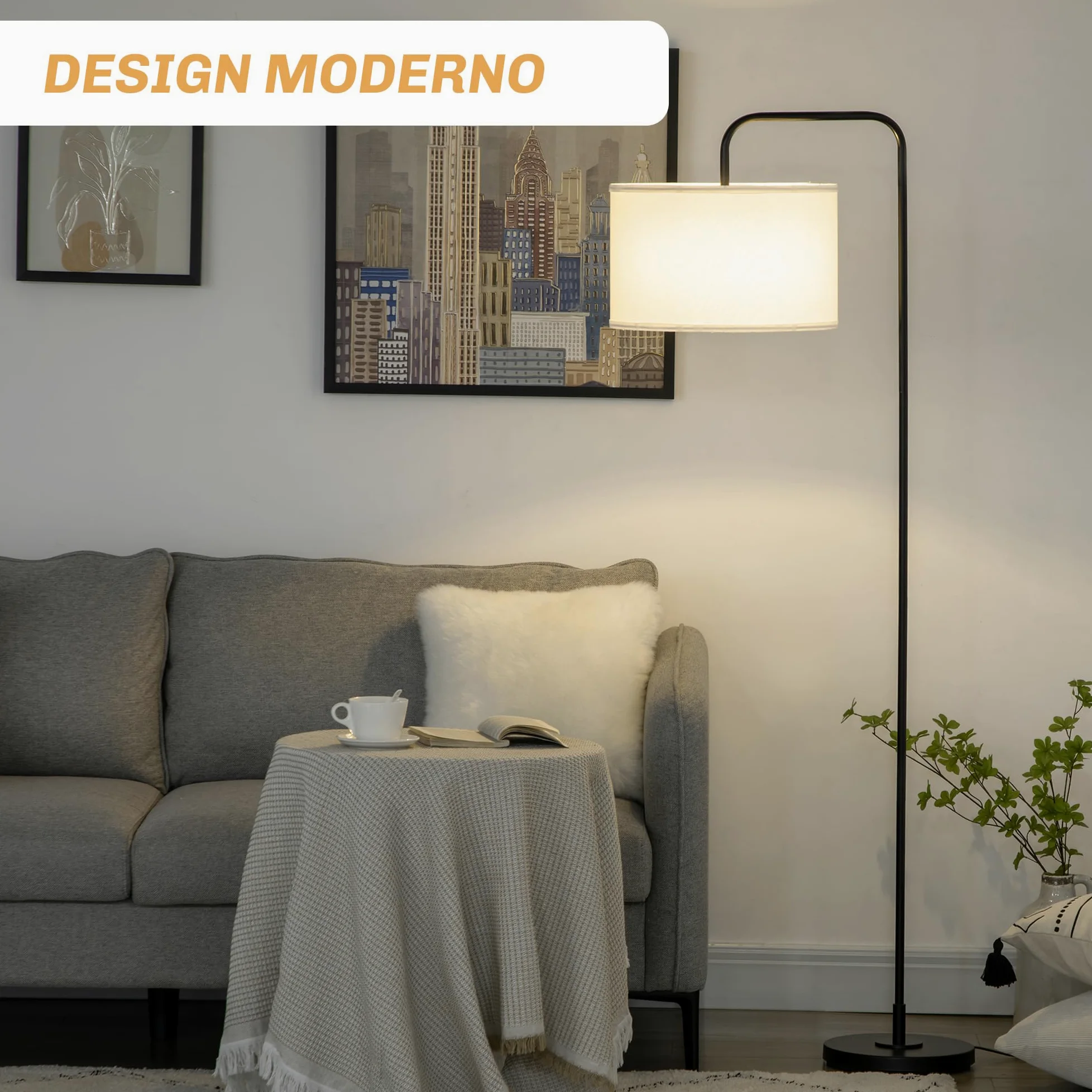 HOMCOM Lampada da Terra Arcuata con Interruttore a Pedale e Paralume in Tessuto Effetto Lino, Piantana Lampada da Terra in Acciaio, 64x38x163.5 cm, Bianca e Nera