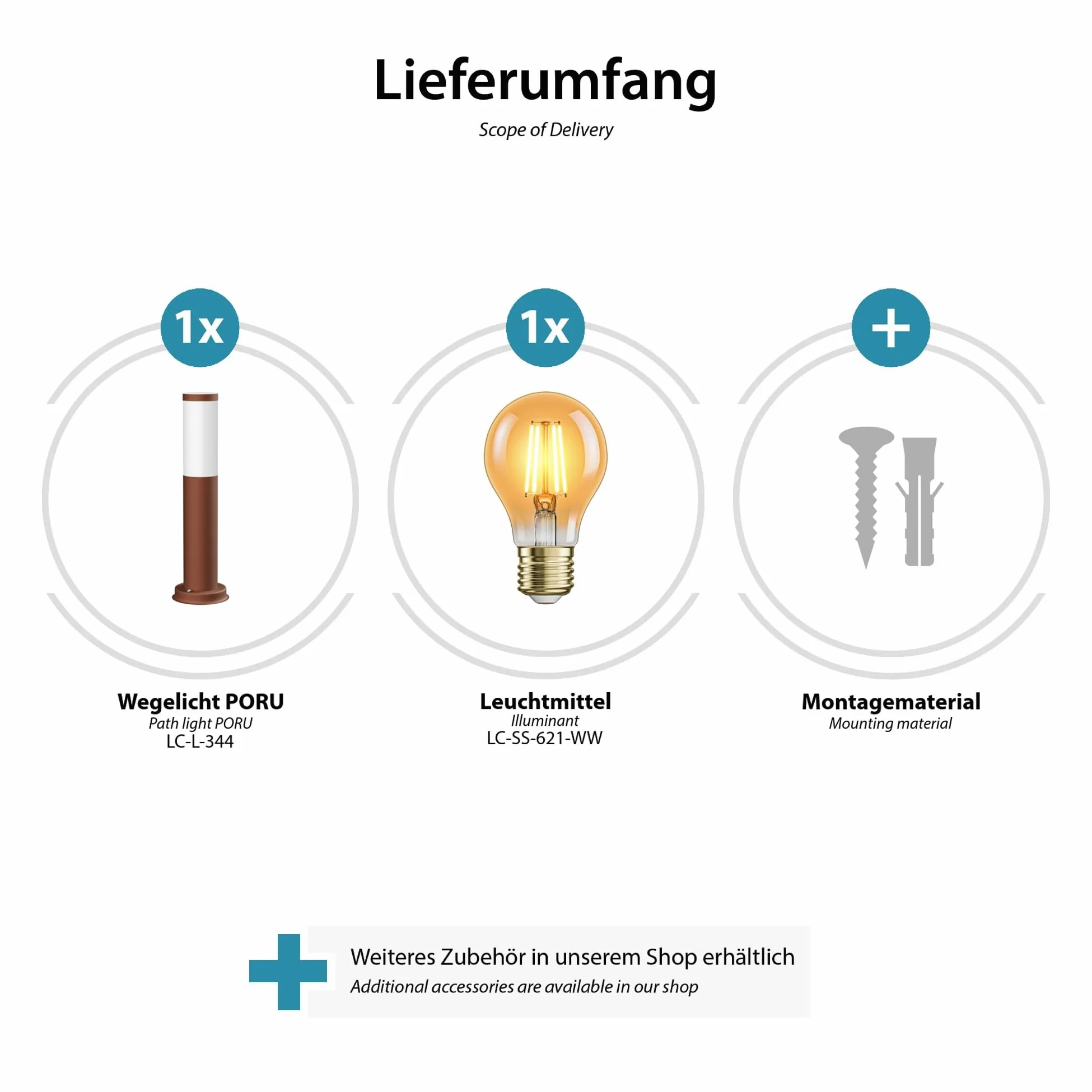 ledscom.de 5 pz. bitta luminosa PORU per esterni, IP44, 39cm, marrone, incl. lampada E27 471lm, bianco extra-caldo