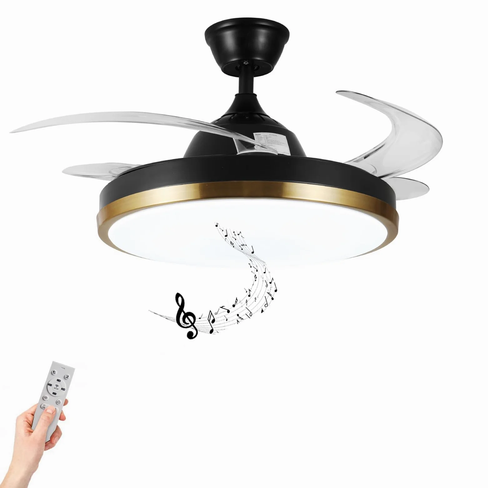 Ventilatore a soffitto retrattile intelligente luci e altoparlante Bluetooth, ventilatore illuminato da 24W con controllo tramite app Alexa e Google - Nero e oro
