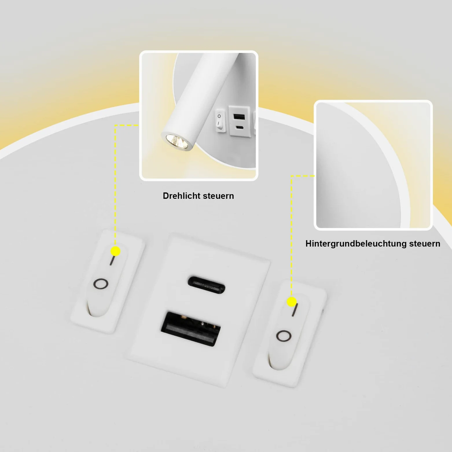 LED Lampada da Lettura USB Tipo-C Due Interruttore di Bocca di Carica Regolabile 12W LED Spotlight 3000K Lampada Da Parete In Alluminio Lampada Da Letto Rotabile (Tondo bianco)