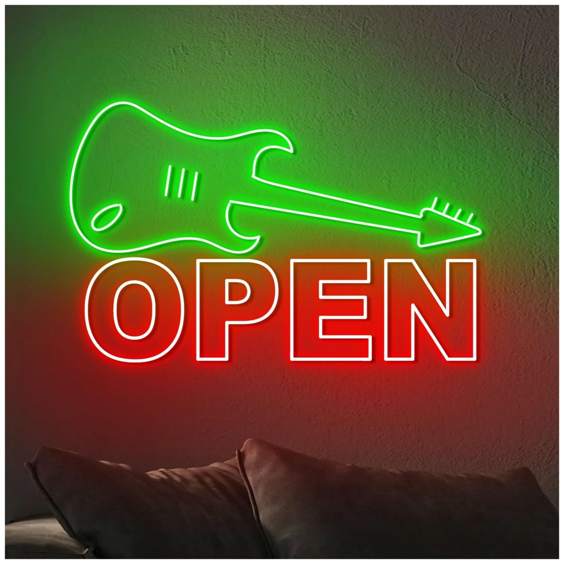 Insegna al Neon Insegna Al Neon Aperta Con Chitarra, Luce A LED, Strumento Musicale, Sala Musica, Negozio, Decorazione, Vetrina,ingresso Aziendale 60cm