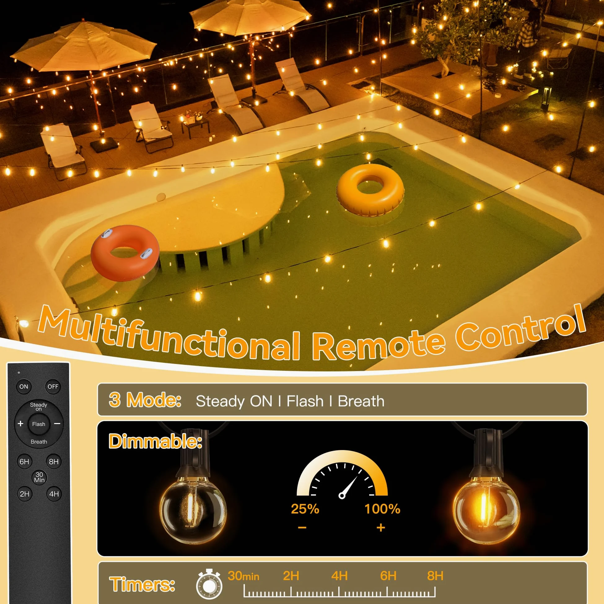 Luci solari da giardino da 30 m, impermeabili, con 40+2 lampadine infrangibili G40, 3 modalità dimmerabili, USB e luce solare per esterni, patio, cortile, gazebo, portico, festa di nozze