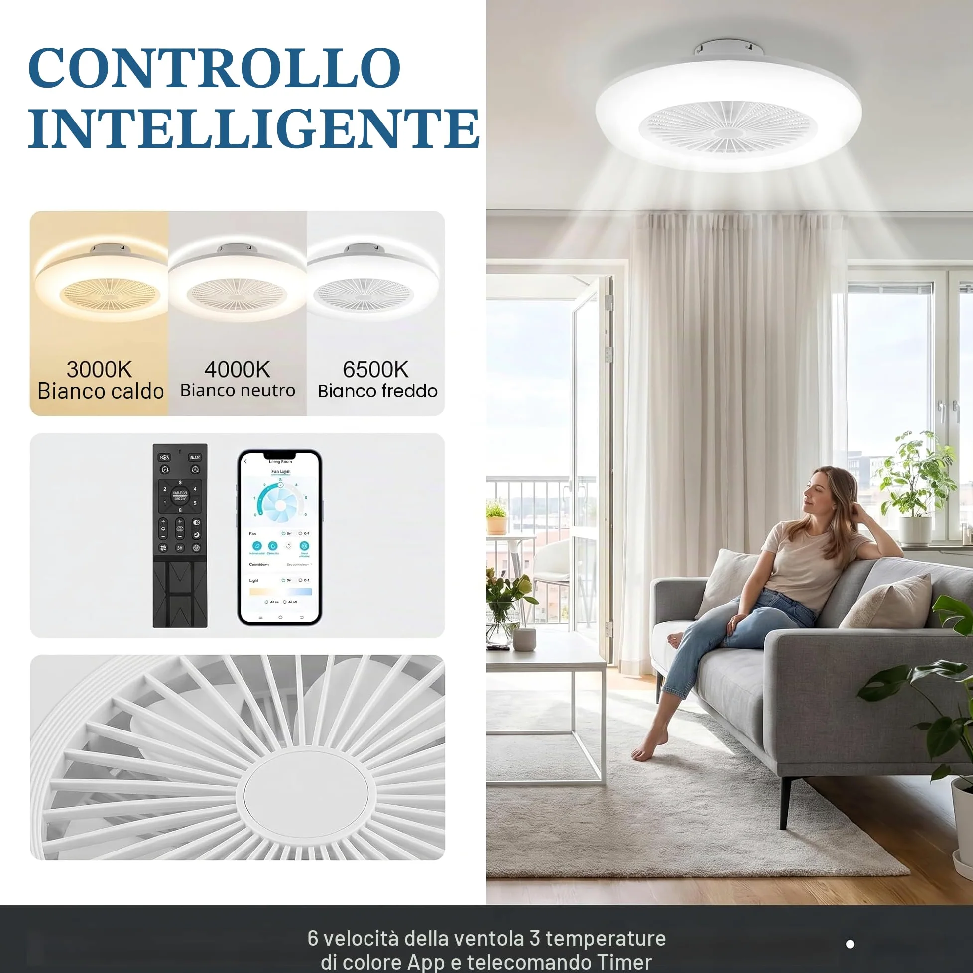 Fiqops Ventilatore da soffitto con illuminazione e telecomando 80 W, Wi-Fi Ø 55 cm, 6 velocità, dimmerabile, timer, funzionamento estivo invernale per camera da letto, soggiorno