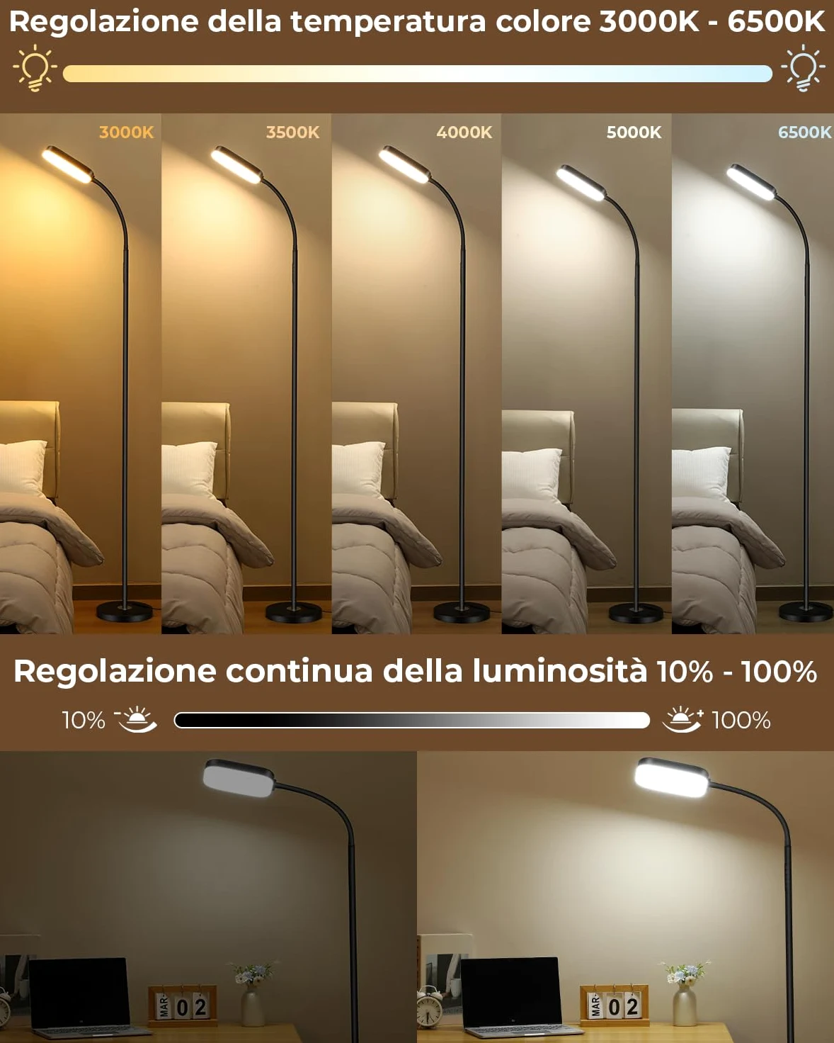 Lampada da terra LED dimmerabile 18W, 1850 lm – Lampada da terra salotto con telecomando, 3000–6500K, piantana moderna con luce regolabile, lampada da lettura