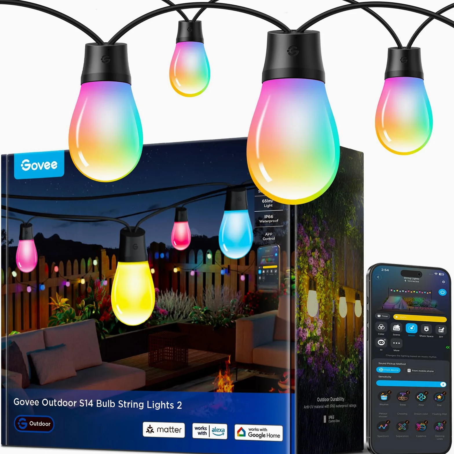 Govee Catena Luminosa Esterno, 15M Lampadine LED RGBIC Bianco Caldo, Controllo APP WiFi con Alexa Luci da Esterno, IP66 Impermeabile, 111 Modalità di Scena, Adatto per Giardino, Balcone, Gazebo