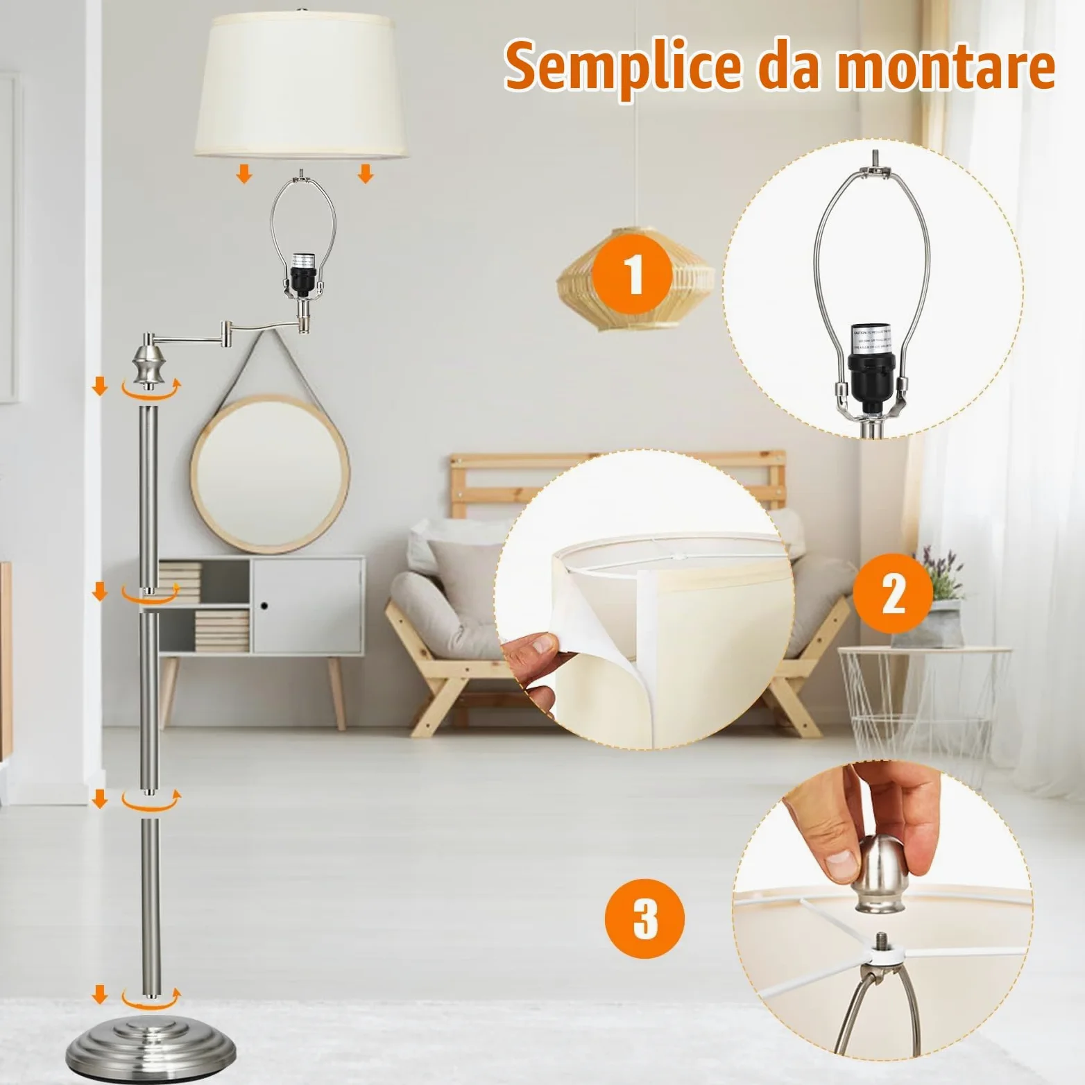 HOMASIS Lampada da Terra, Lampada da Piantana, Lampada Girevole ed Estensibile con Paralume Beige in Tessuto e Base Stabile in Ferro, Senza Lampadina, E27,40W, per Salotto, Studio, 28,5 x 152 cm