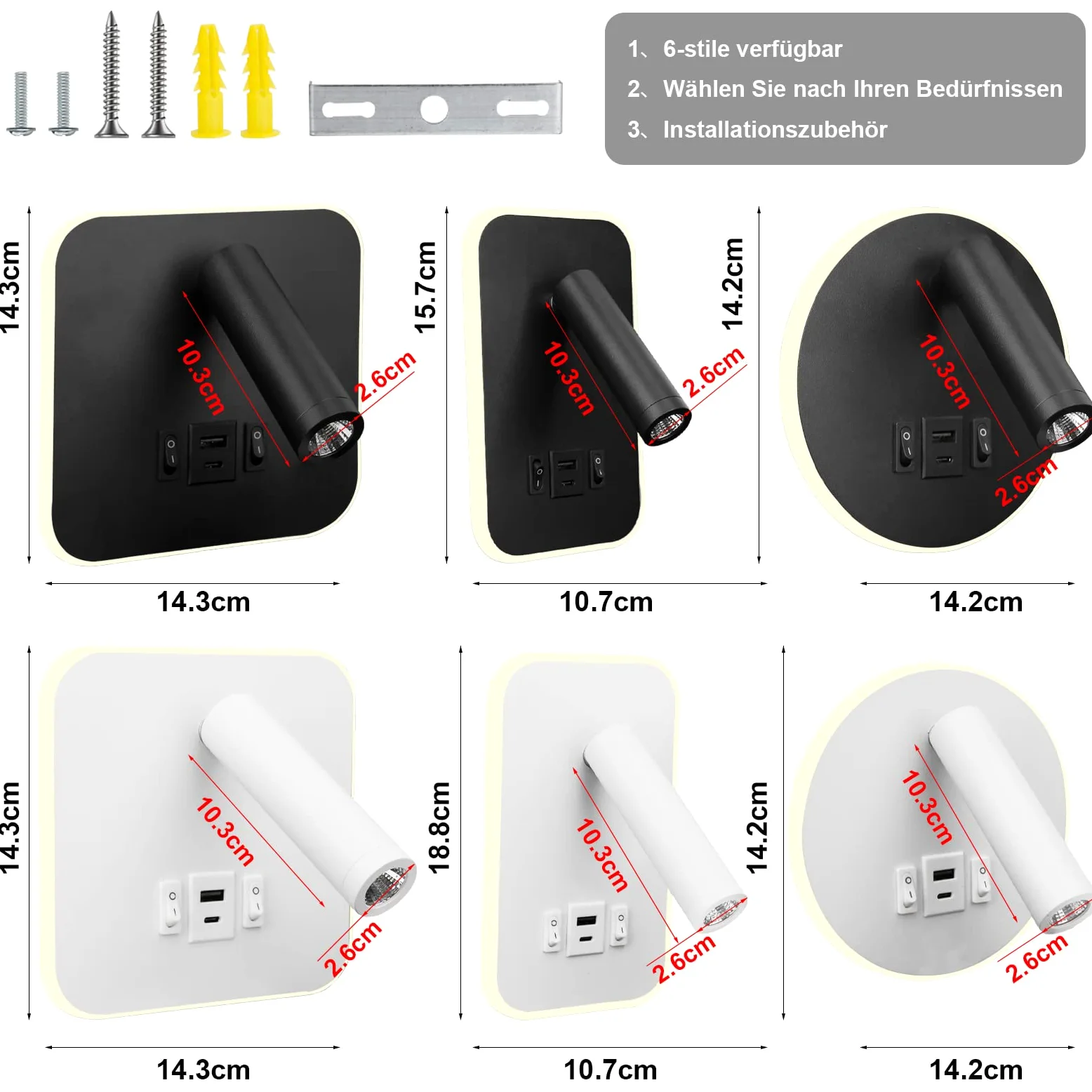 LED Lampada da Lettura USB Tipo-C Due Interruttore di Bocca di Carica Regolabile 12W LED Spotlight 3000K Lampada Da Parete In Alluminio Lampada Da Letto Rotabile (Tondo bianco)