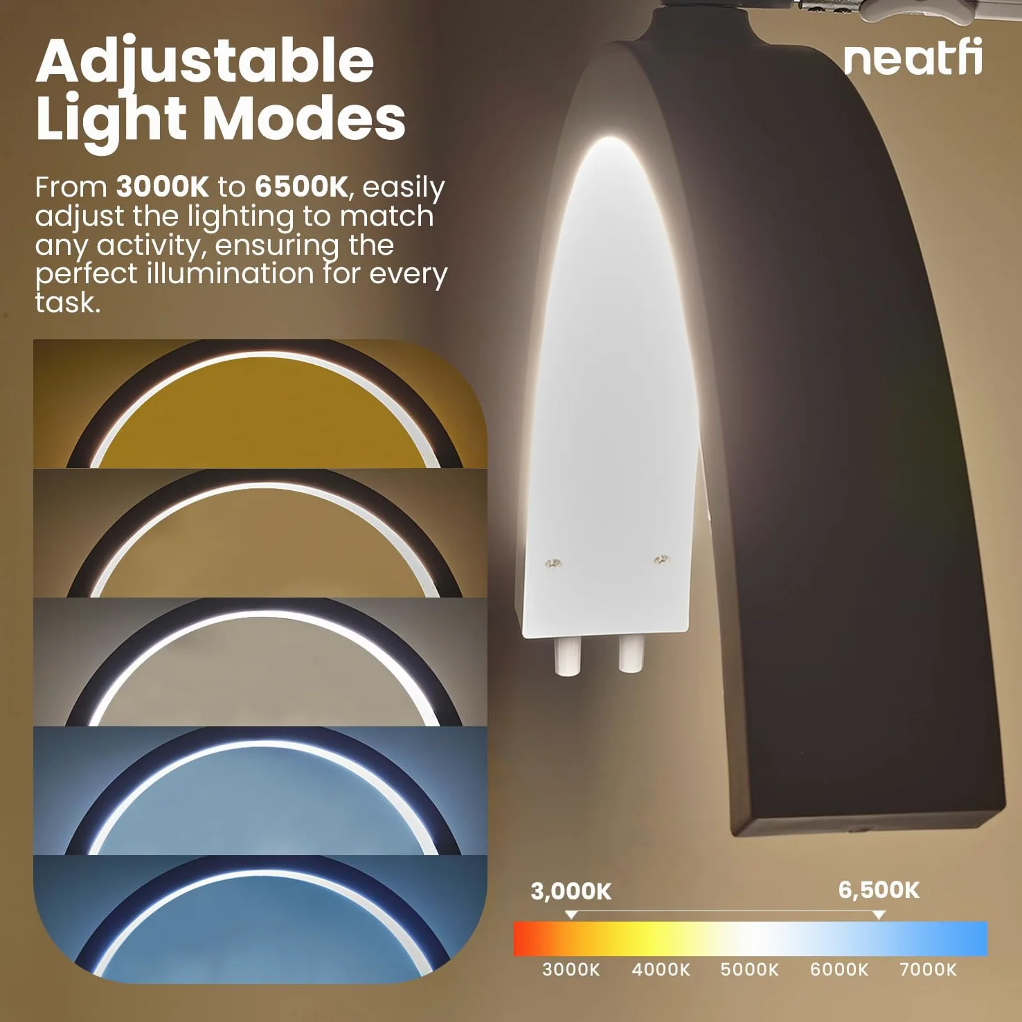Neatfi Lampada da Tavolo con Braccio Oscillante a Mezza Luna, Illuminazione LED Professionale per Estetisti, 2500 lumen, 5 modalità, ideale per Nail Art (CCT con Base e Morsetto, Bianco)
