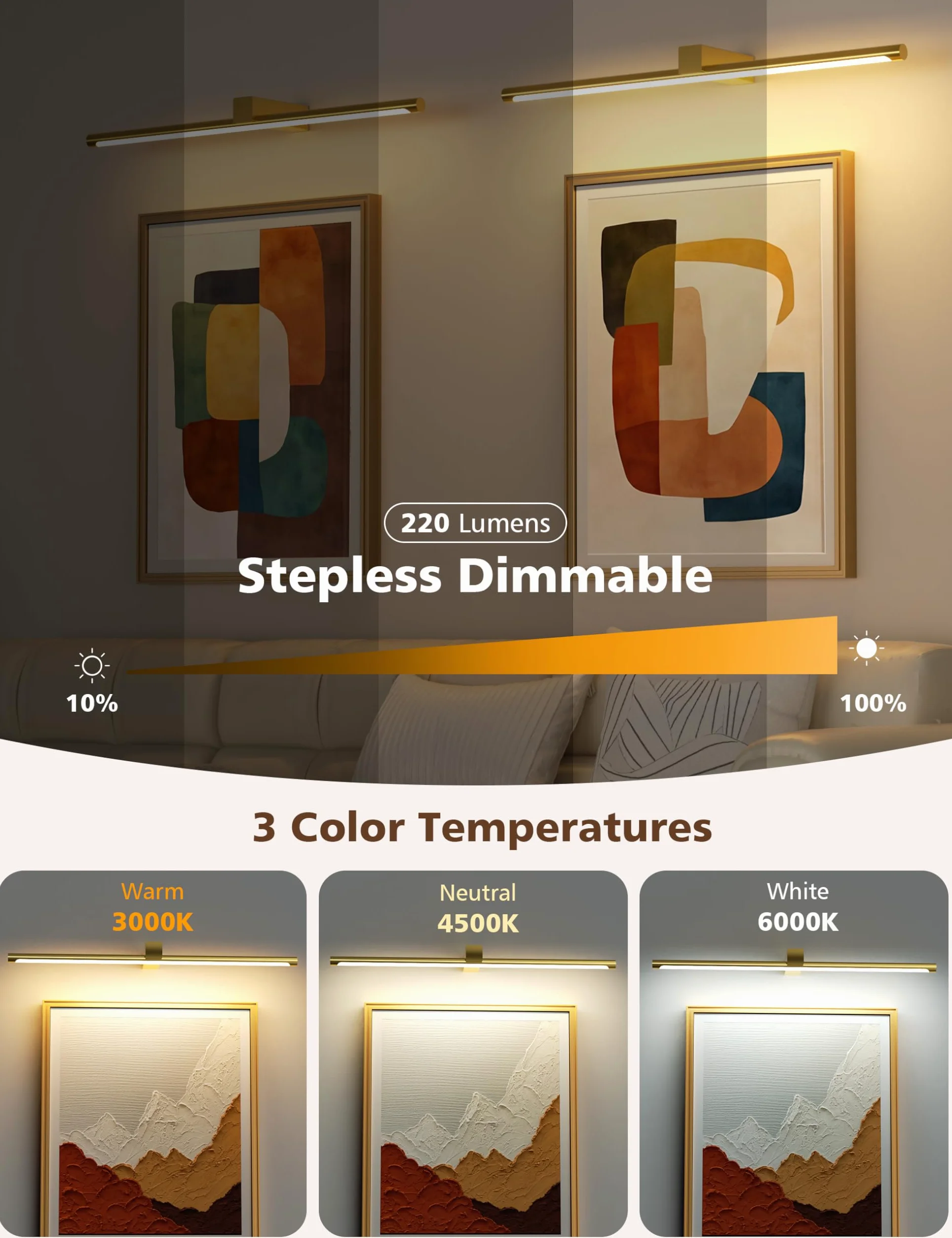 VOLISUN Luci per foto da parete, 5000 mAh, ricaricabili, funzionamento a batteria, 3 temperature di colore e dimmerabile continuamente, luce artistica da 220 lm per dipinti, gallerie, ritratti