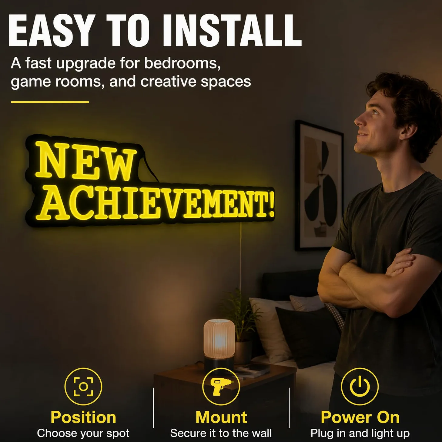 Targa al neon con scritta "NEW ACHIEVEMENT!", 45 x 15,2 cm, decorazione da parete a LED gialla, con retro in acrilico, alimentata tramite USB, per la stanza dei videogiochi, per la camera da letto e
