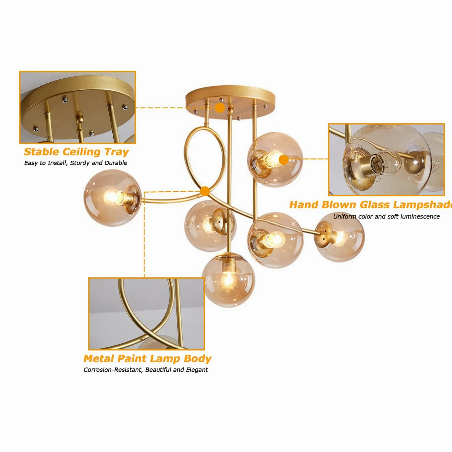Lampadario moderno a soffitto E27 a 6 luci, lampadario a sospensione vintage in metallo con sfera di vetro E27 per camera da letto, soggiorno, cucina, loft, diametro 90 cm
