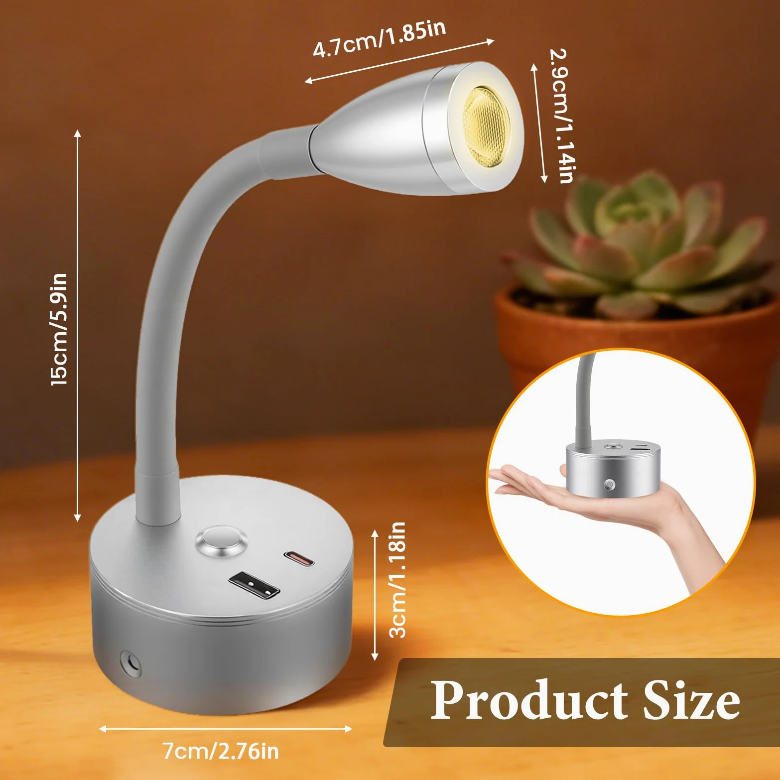2 Pezzi Lampada da Lettura per Camper con Caricabatterie USB A+C, faretto da Parete a LED da 12 V, Lampada da Parete Flessibile a Collo D'Oca per Camper roulotte Barca Yacht (Argento)