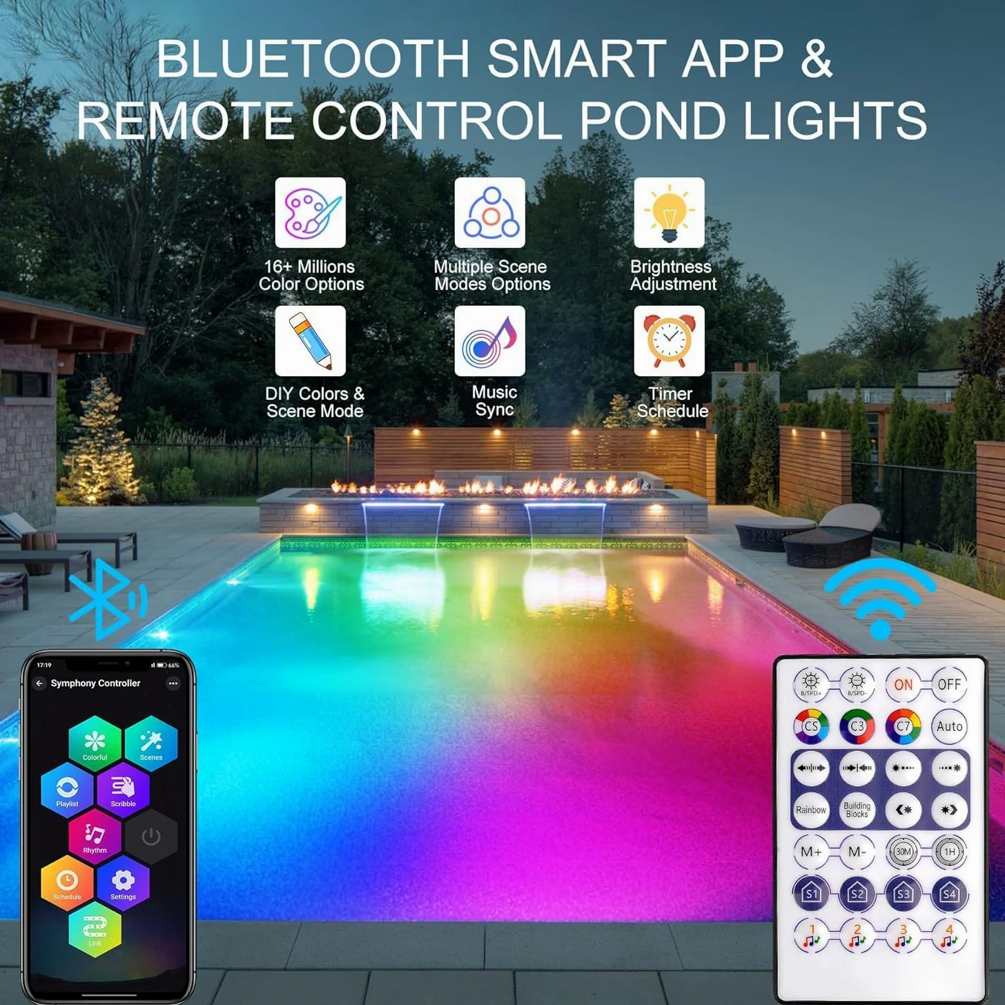 NATPOW Luci Sommergibile Piscina RGB, 16 Colore 4 Modalità Luci per Laghetto Bluetooth Telecomando Controllabile, 5V Impermeabile IP68 Luce Subacquea per Giardino, Acquari, Fontana, Laghetto, 4 in 1