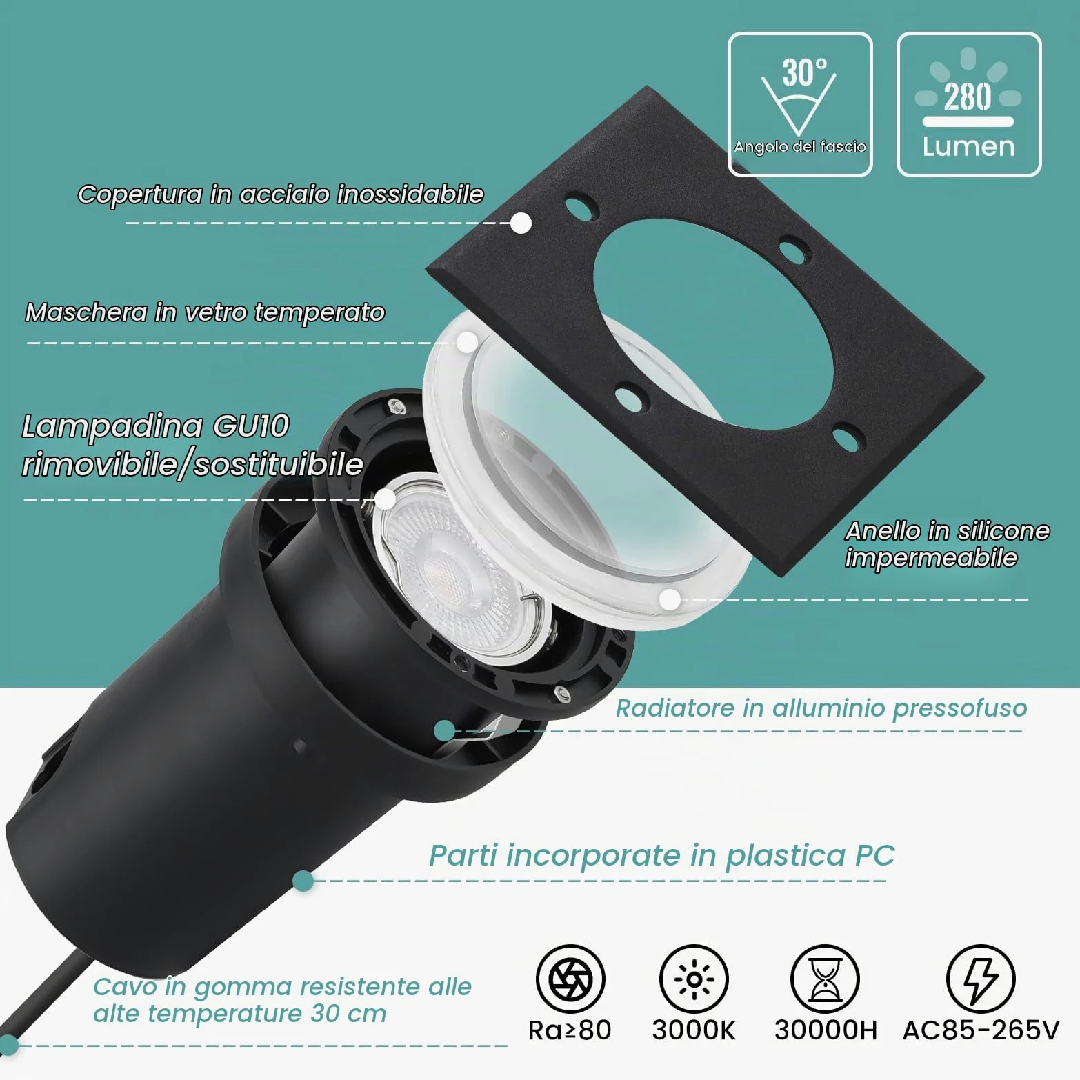 4pcs Faretti Led Esterno per Gu10 3w 230v Bianco Caldo 3000k, IP67 Impermeabile Segnapasso Led Esterno, Segnapassi led esterno per Esterni, Giardino, Terrazza, Cortile, Passerella