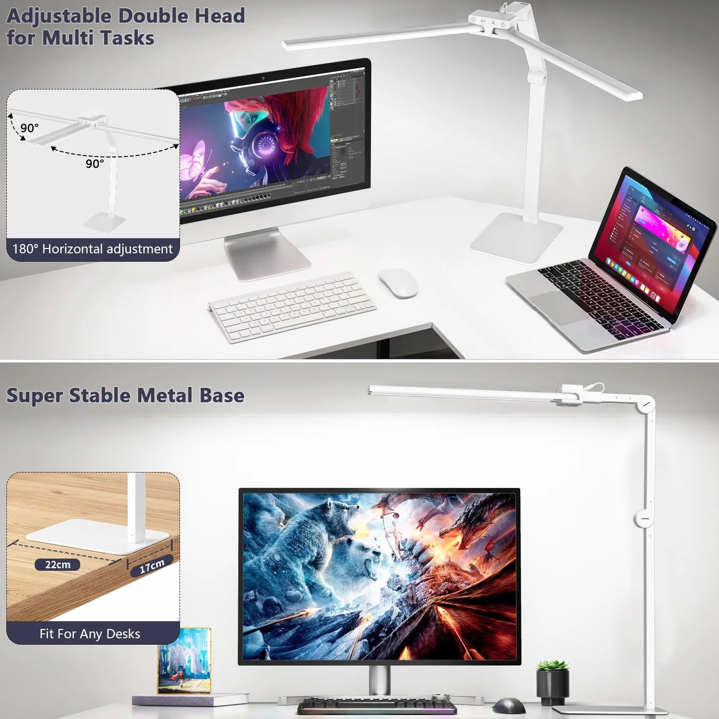 KableRika 24W Lampada da scrivania a LED per ufficio, lampada da scrivania a doppia testa con base, luce da scrivania di design dimmerabile, luce per monitor pc,lo studio e l'illuminazione di casa