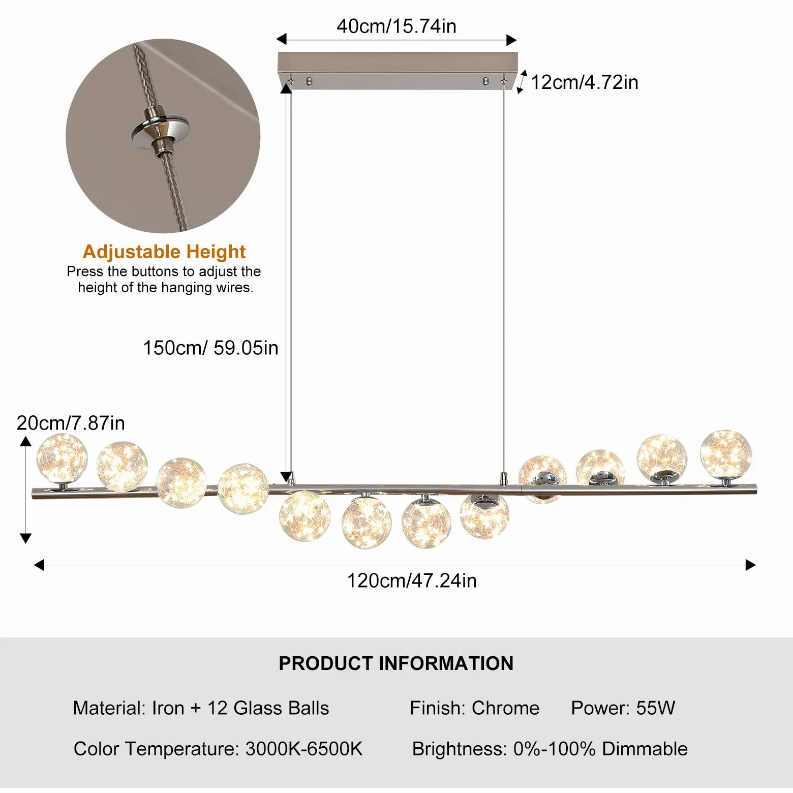 GEADI LED Lampadario Cromato, 120CM Lampada a Sospensione Moderna per Tavolo da Pranzo con 12 Globi di Vetro, Plafoniere a Soffitto Regolabile, Lampadari Lungo per Sala da Soggiorno, Cucine, Salotto