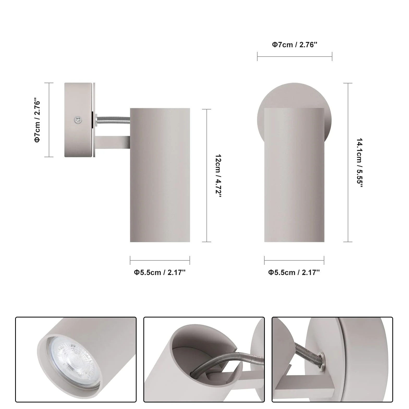 DAWALIGHT Plafoniera LED Faretti GU10 5W 3000K Bianco caldo Faretto Orientabile da Parete Luci da Soffitto per Interni Cameretta Soggiorno Camera da Letto, Grigio sabbioso, Alluminio