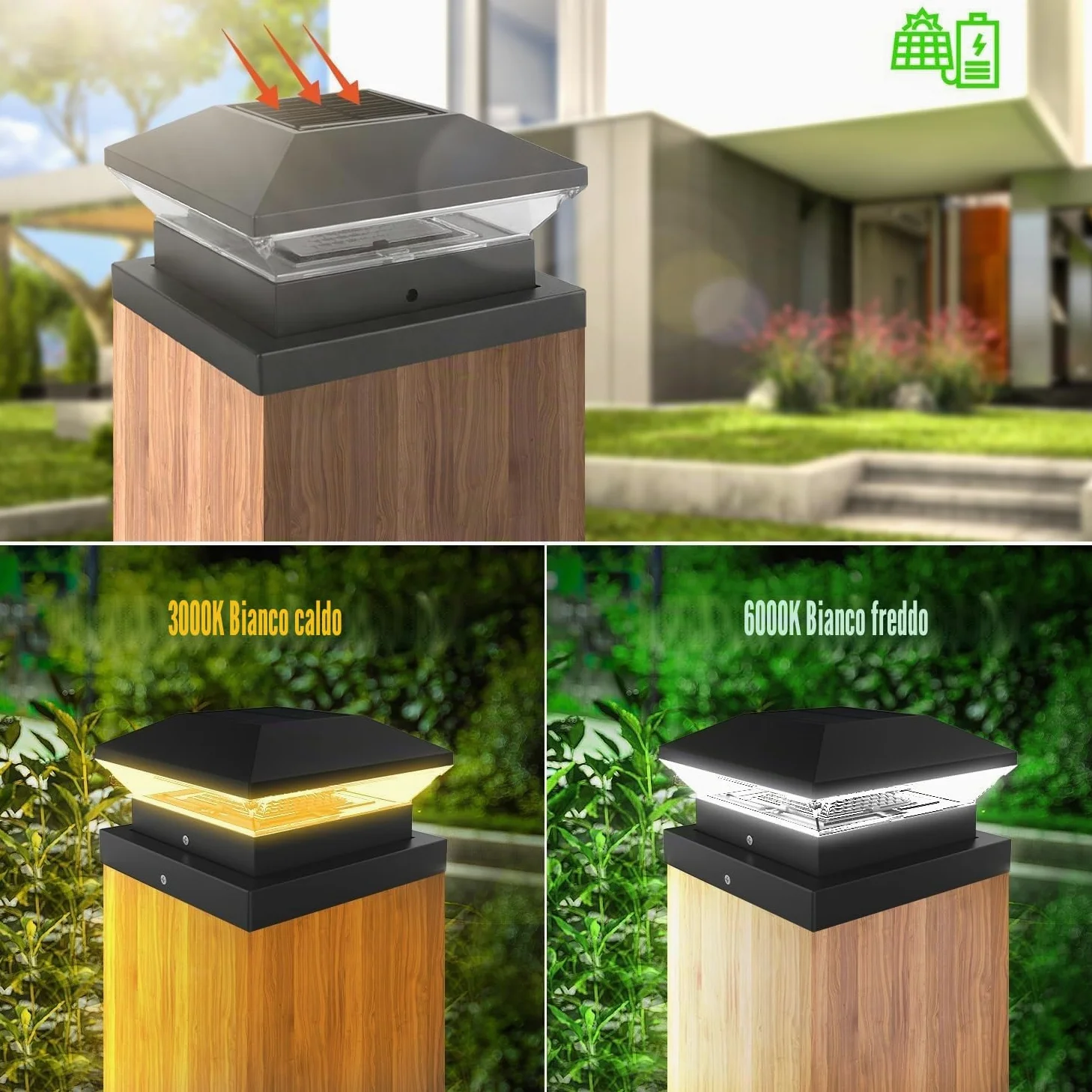 NATPOW Luce Solare Pilastro, 4 Pezzi 3000K/6000K Solare Pilastro Giardino, Auto ON/OFF Solari Esterno Giardino, IP65 Impermeabile per Patio Recinzione Pali