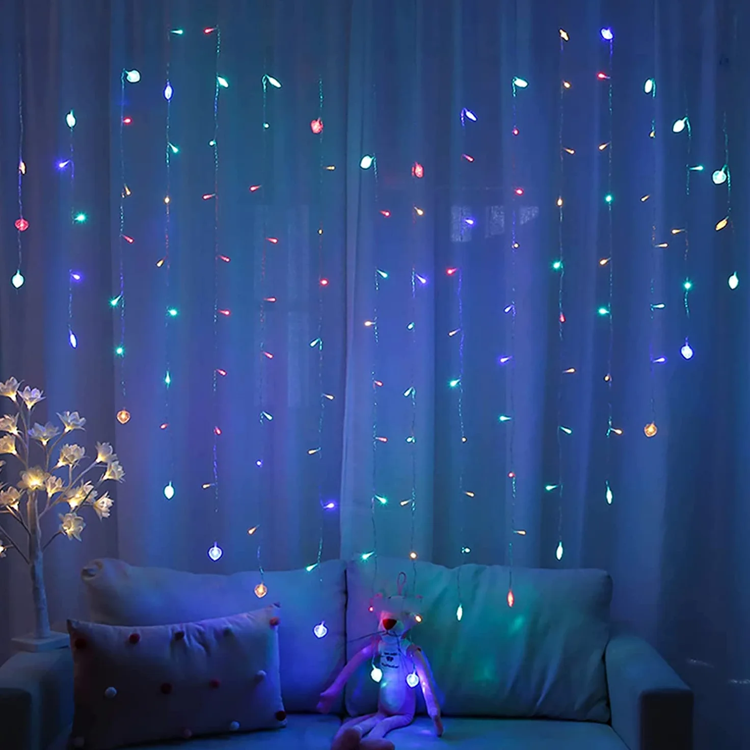 Cascata Luci Da Esterno,124 LED 2M x 1.5M Alimentato a batteria per la decorazione di nozze della camera da letto del partito (3cm, Multicolor)