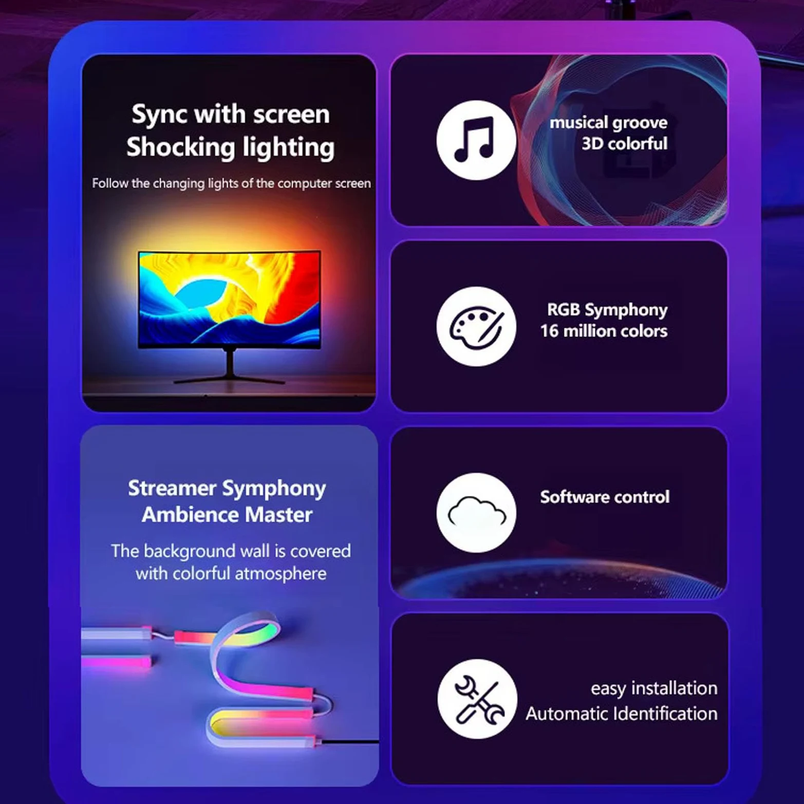 Fockety Retroilluminazione LED TV, Striscia LED Cambia Colore con Sincronizzazione Musicale RGB con 71 Perline, Luci LED Intelligenti per TV,Retroilluminazione TV per Schermi da 34 Pollici