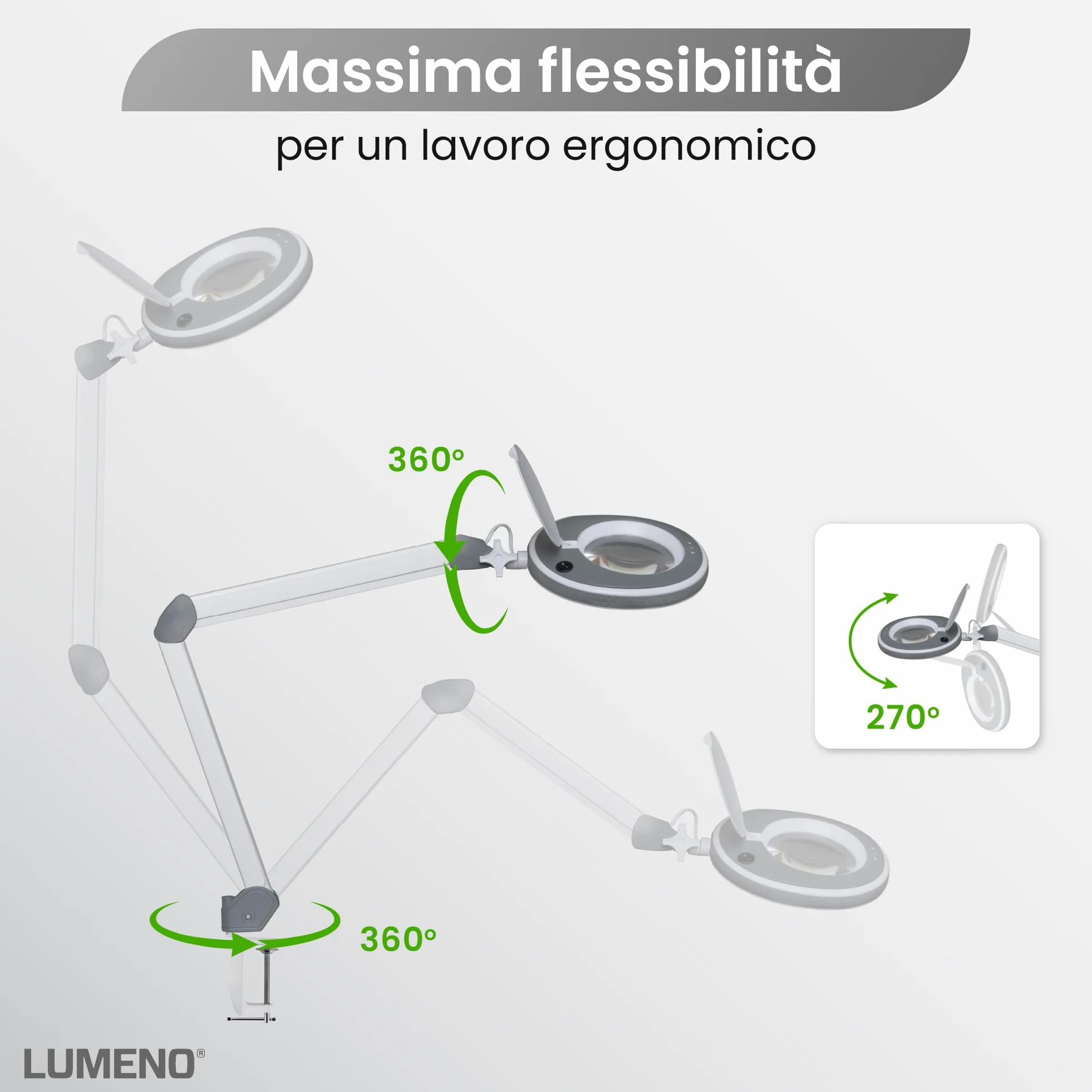 Lumeno 8215GR Lampada d'ingrandimento a LED Lampada da lavoro e estetista, livelli di luminosità regolabili, lente in vetro cristallino da 127 mm, ausilio alla lettura/ingranditore, 5 diottrie