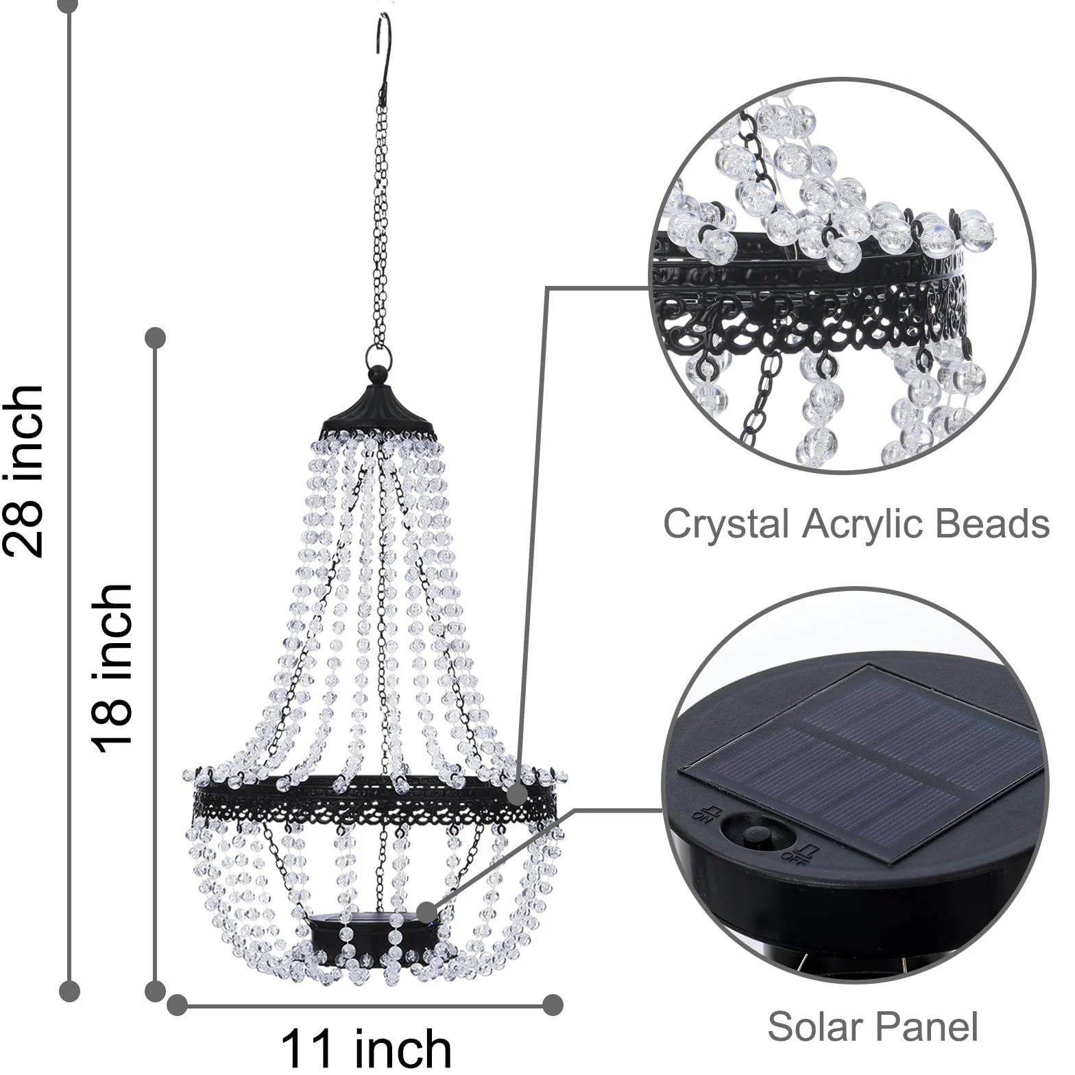 Lampadario solare sospeso per esterni, 30 luci bianche calde, lampadario in perline acriliche con ganci a S, lanterna moderna per decorazioni da giardino, cortile, patio, gazebo, 71 cm di altezza