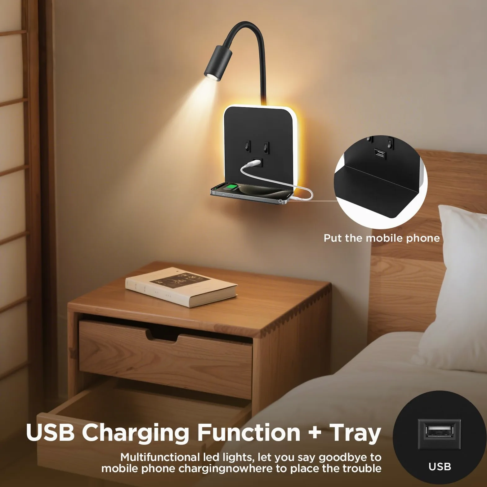 Lampada da Lettura LED 3W + 9W 3000K, Lampada da Parete con Porte USB e Vassoio per Telefono Faretto, faretto da Lettura a Muro Luce Ambientale Regolabile e Flessibile per Camera(Schwarz, 2 Stück)