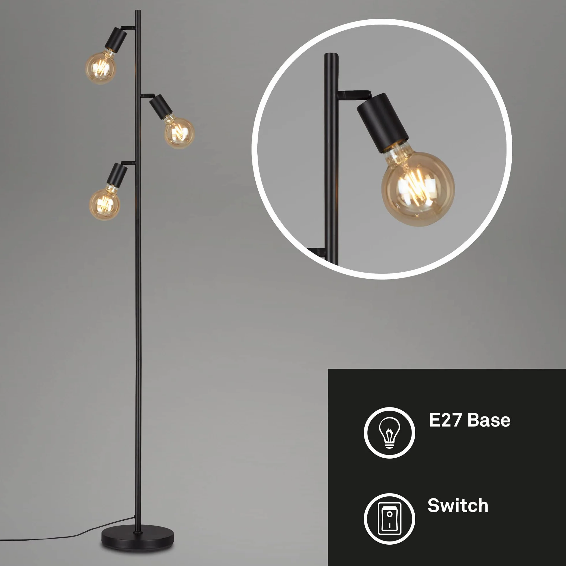 BRILONER - Lampada a stelo orientabile, piantana, lampada da terra, 3 x E27, con interruttore sul cavo, stile retrò, vintage, nero, 10W, 220 x 1600 mm (DxA)