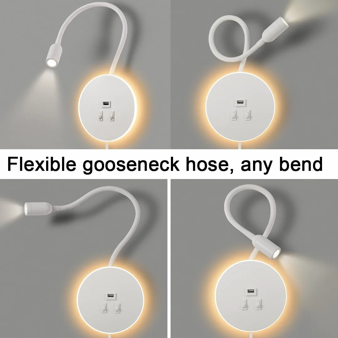 Lampada da Parete a LED,Lampada da lettura flessibile da comodino a collo di cigno,con Porta di Ricarica USB,Luce ambiente camera da letto Luce notturna Faretto (3W 3000K+8W 6000K)Spina,Bianco