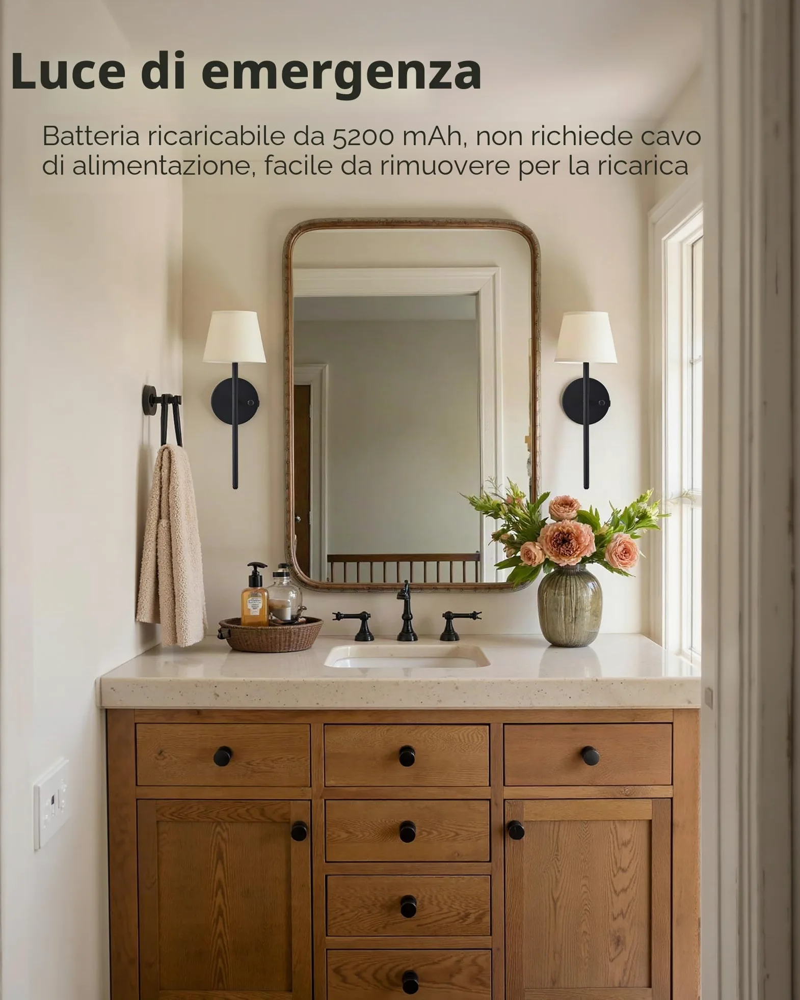 Set di 2 lampade da parete ricaricabili senza fili, alimentate a batteria, 5200 mAh, dimmerabili, lampade da parete senza fili con telecomando, applique con paralume in tessuto, illuminazione