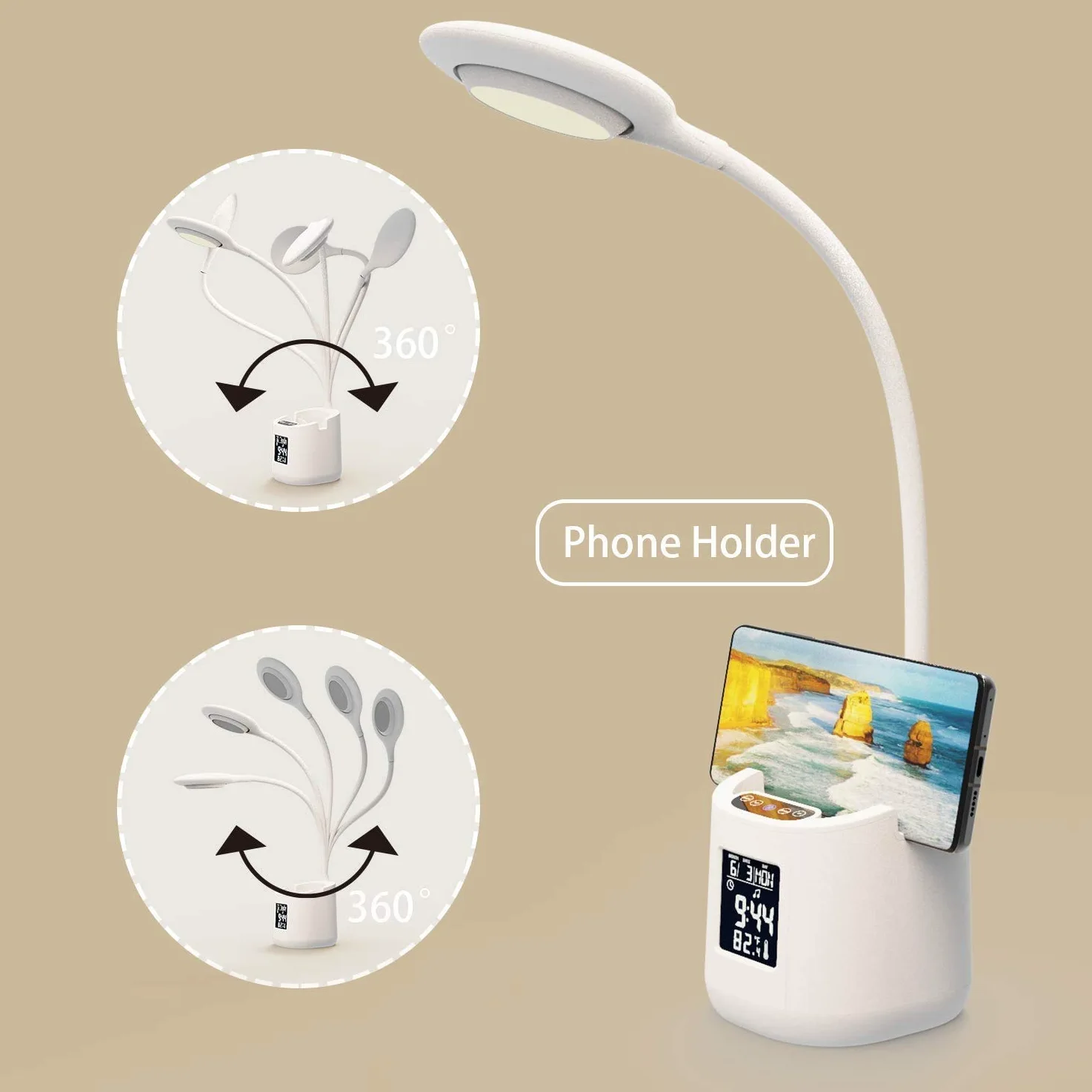 Lampada da scrivania a LED, DORSION con sveglia con ricarica USB, Lampada da scrivania per bambini con portamatite