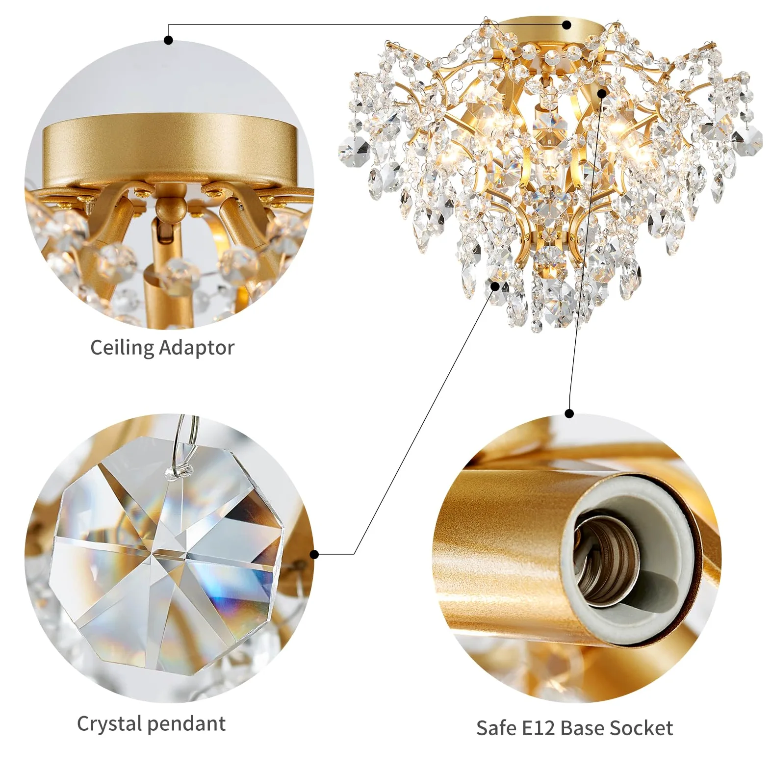 WUZUPS 5-luce cristallo lampadario Flushmount lampada a soffitto moderno illuminazione per camera da letto corridoio bar cucina bagno, H 30.5 cm x L 39 cm, E14 Base, oro