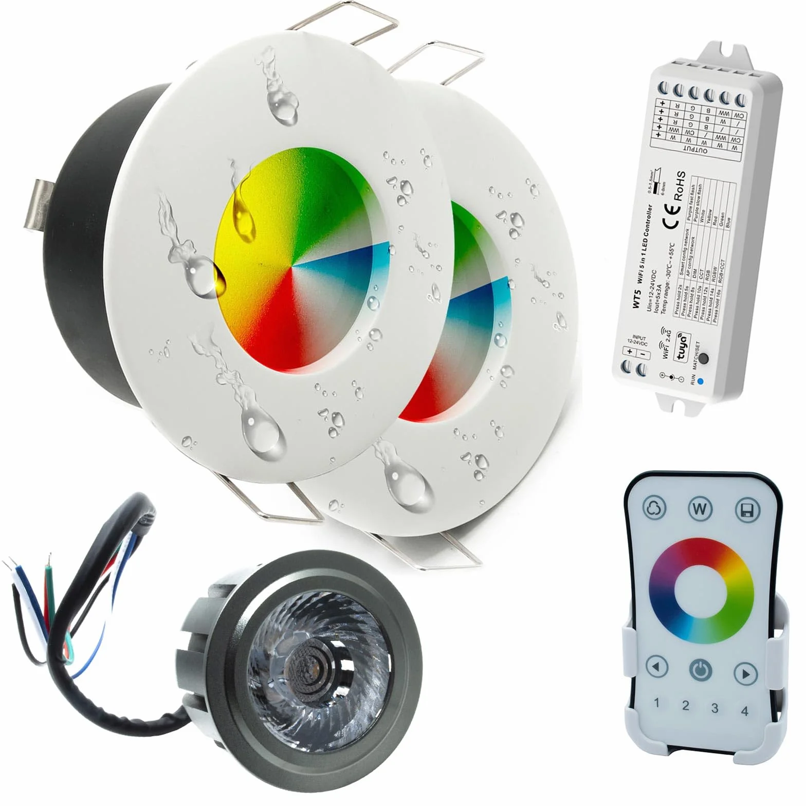 [Kit professionale 2 Faretti LED RGBW IP65 24V] Kit 2pz led 6x2w 12w cromoterapia box doccia sensoriale bagno turco sauna IP65 RGB 24V faretti incasso Dimmerabile giochi luce effetti (bianco)