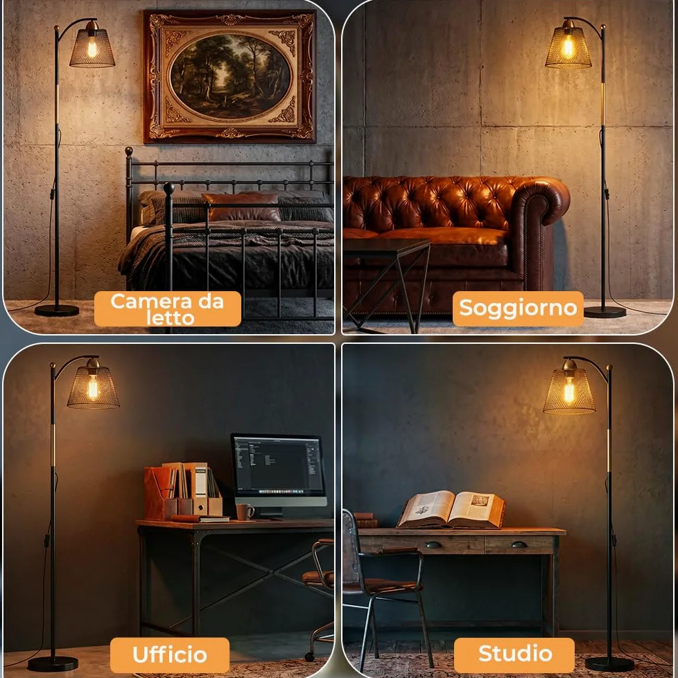 OUSFOT Lampada da Terra E27 Portalampada 230V, Industriale Piantana 40W, Nero e Oro, Adatto per Uffici, Soggiorni e Camere da Letto (Senza lampadina)