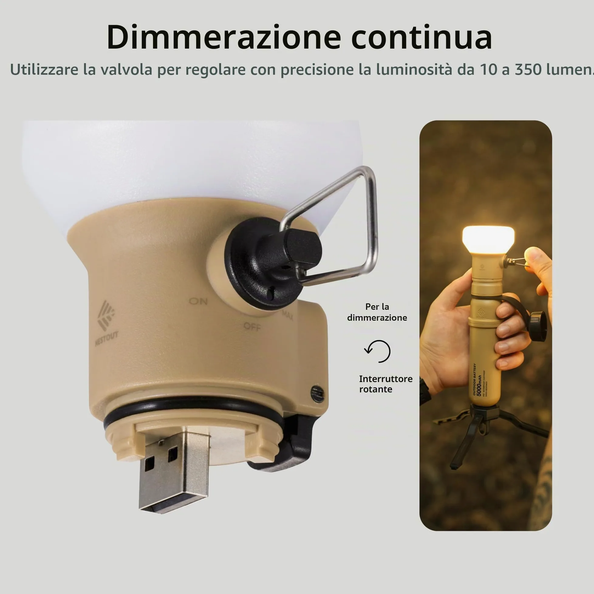 ELECOM NESTOUT Outdoor Camping LED Lantern w/ Mini Tripod, Dimmable USB Powered Soft LED Light, IP44 Water Dust Resistant, 10-350 Lumen, Portable Lamp for NESTOUT Power Bank, Beige (LAMP-1)
