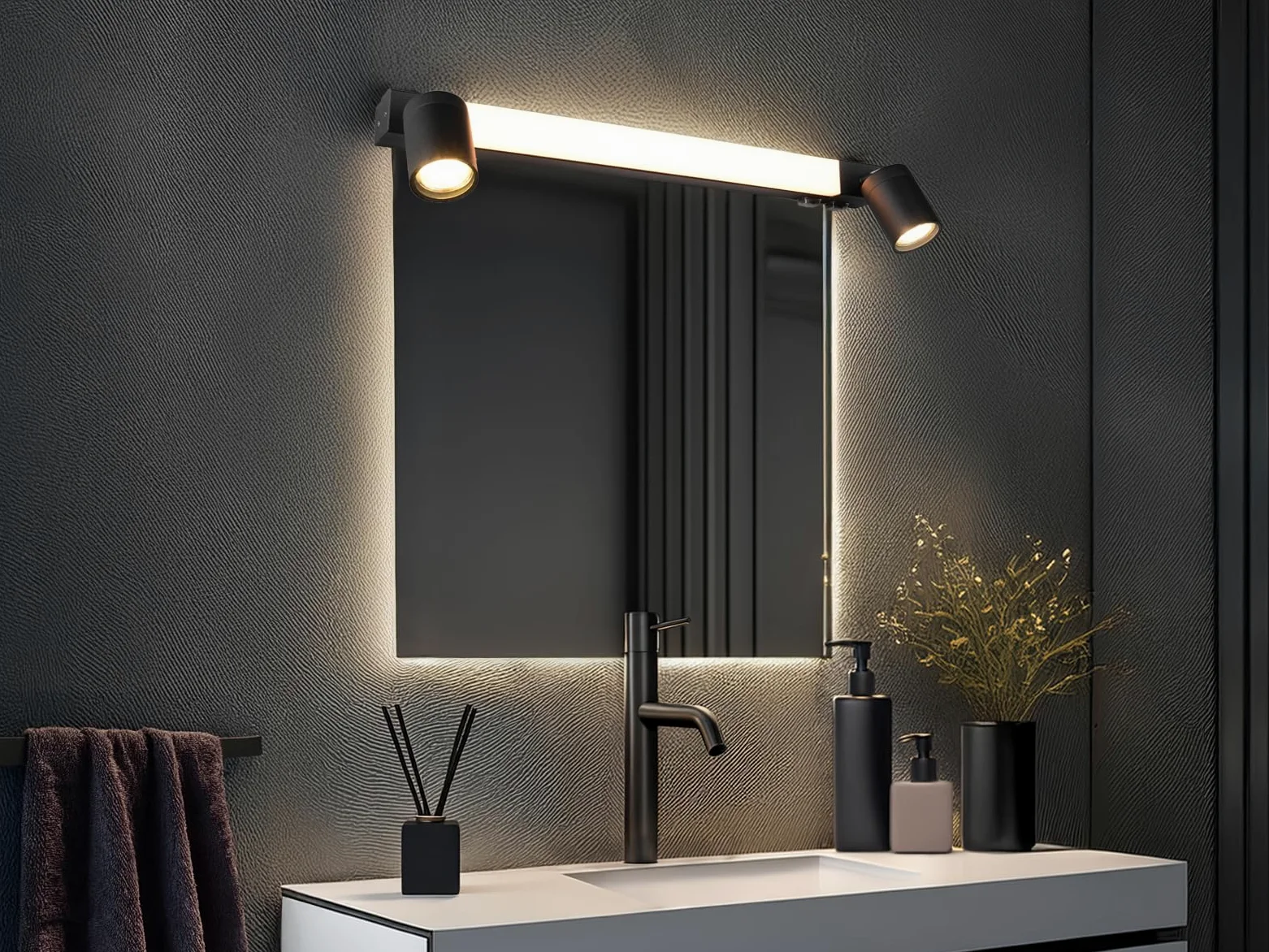 Lampada da specchio da bagno con 2 faretti e interruttore, colore nero, larghezza 60 cm