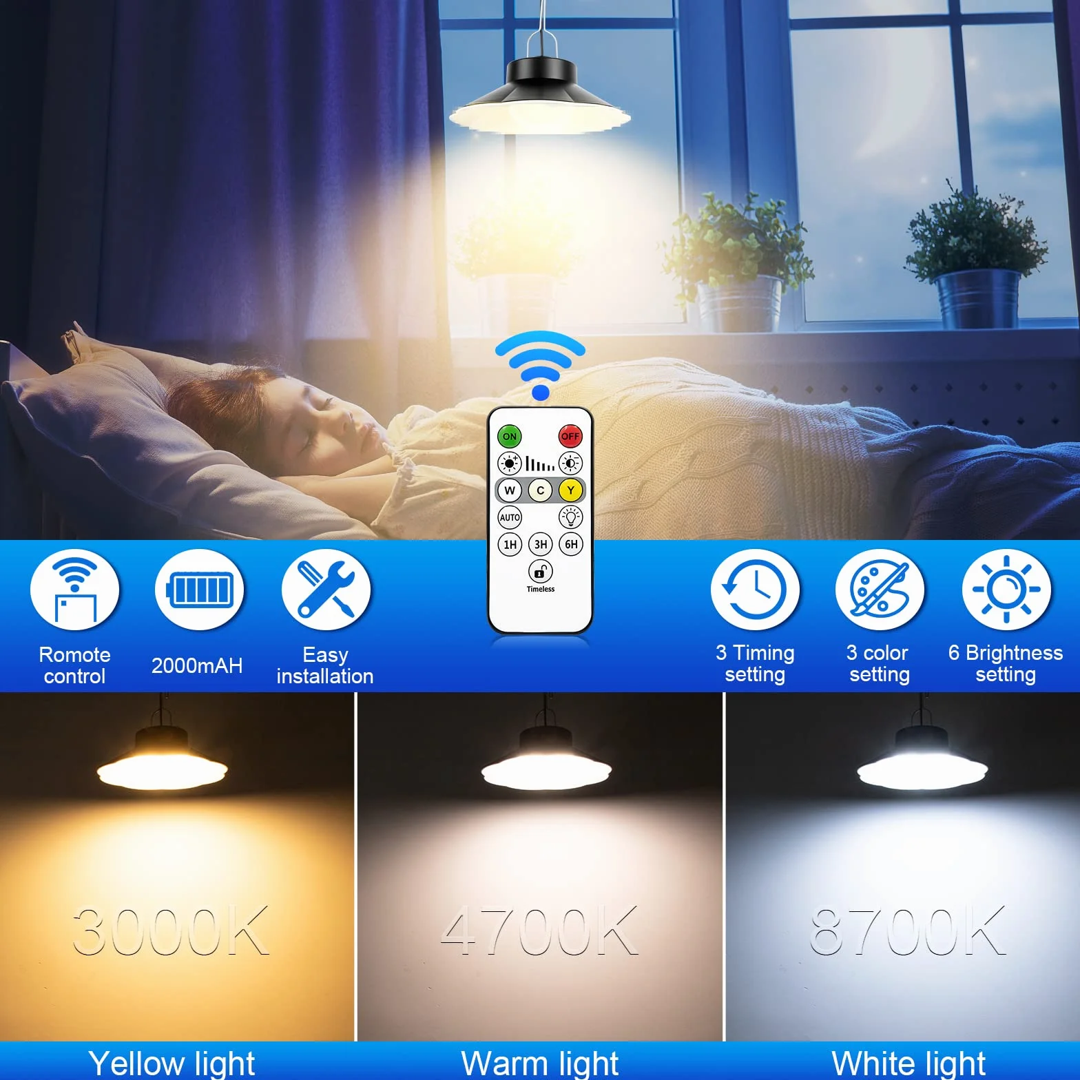AGOTD Lampada Solare da Esterno, Lampada a Sospensione Solare con Telecomando, 3 Colore, Cavo 5M, 6Luminosità, IP65 Impermeabile, Illuminazione per Giardino Balcone Vialetto