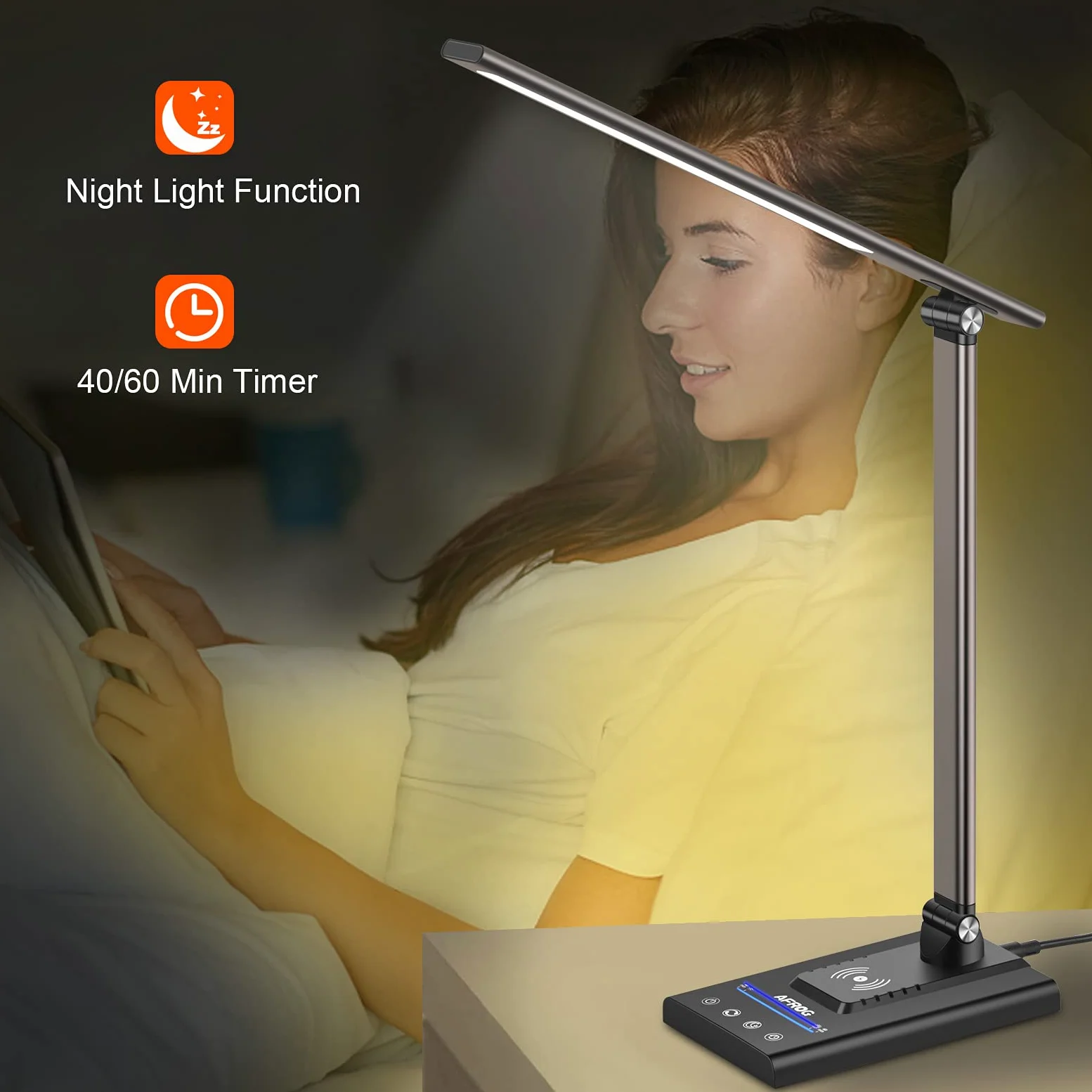 AFROG Lampada da scrivania a LED multifunzione 5a generazione con caricabatterie wireless veloce da 10 W, porta di ricarica USB, 1800 lux super luminosa, 5 modalità di illuminazione, 7 luminosità,