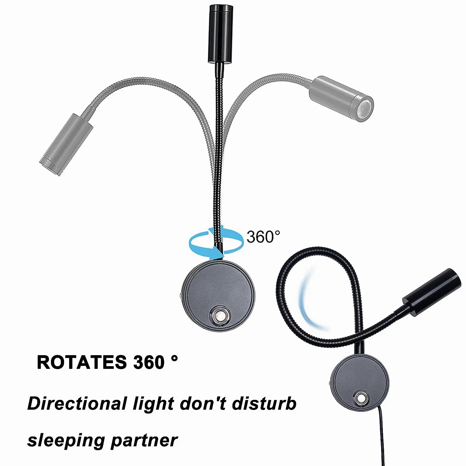 2 pezzi 3W Applique da Parete interno, Lampada da Lettura Muro Dimmerabile Touch con Porta di Ricarica USB, 3000K-6000K LED Luce da Letto Flessibile a Collo di Cigno Illuminazione Comodino, Nero