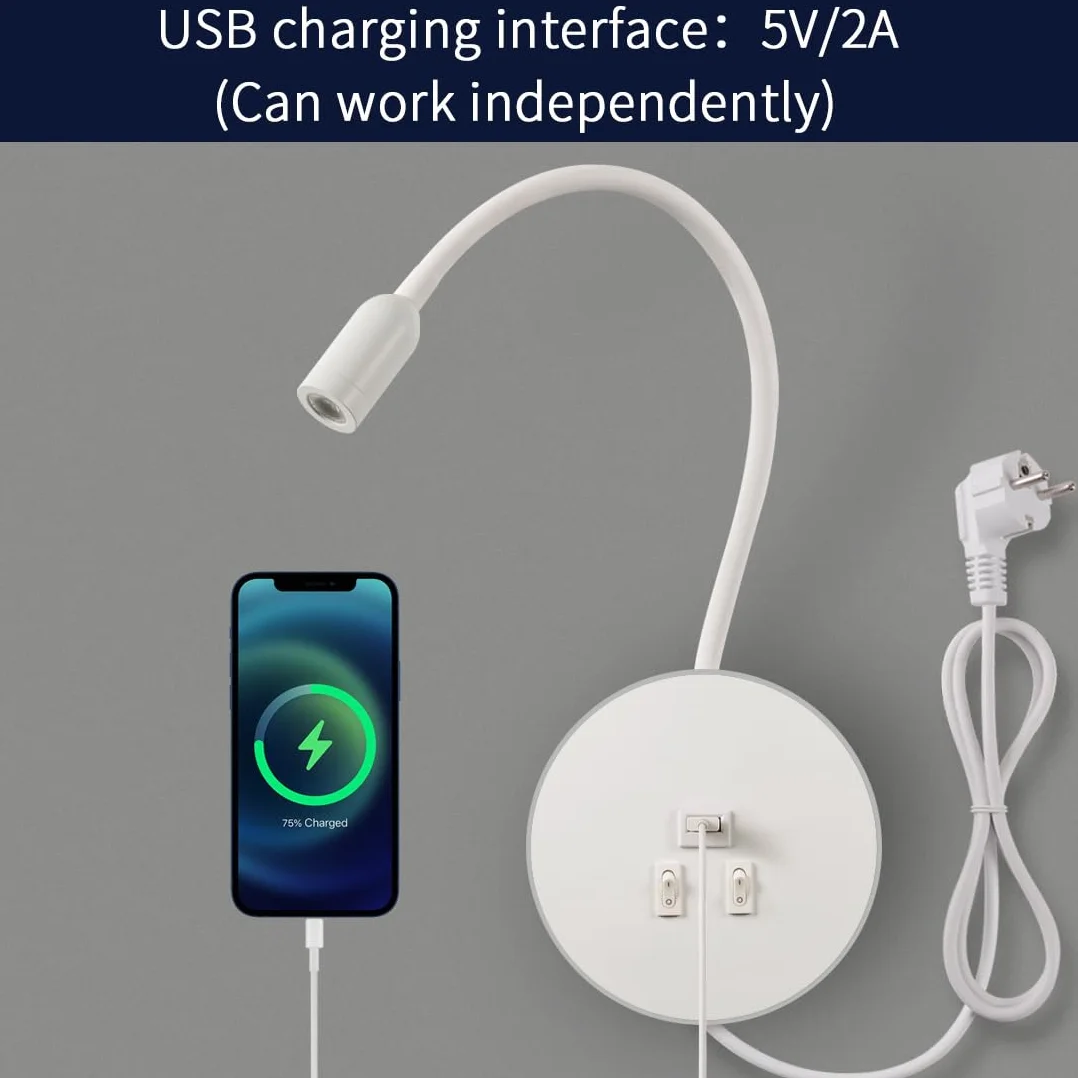Lampada da Parete a LED,Lampada da lettura flessibile da comodino a collo di cigno,con Porta di Ricarica USB,Luce ambiente camera da letto Luce notturna Faretto (3W 3000K+8W 6000K)Spina,Bianco