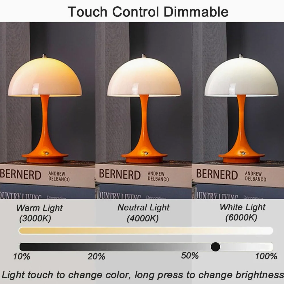Lampada da tavolo a LED Senza fili Batteria Fungo Lampada da tavolo con Touch Dimmerabile Lampada da comodino Ricaricabile USB Lampada a fungo Moderna 3000K-6000K Luce da Scrivania a LED,Arancia
