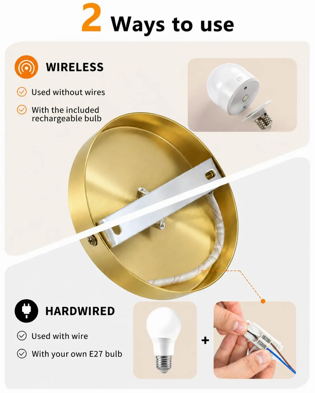 Wandleuchte Innen Akku LED Wandleuchte kabellos oder fest verdrahtbar, RGB Wandlampe mit Fernbedienung, 57 cm Höhe, Wandlichte Innen für Wohnzimmer, Schlafzimmer, Kinderzimmer, Gold VEYA WL04