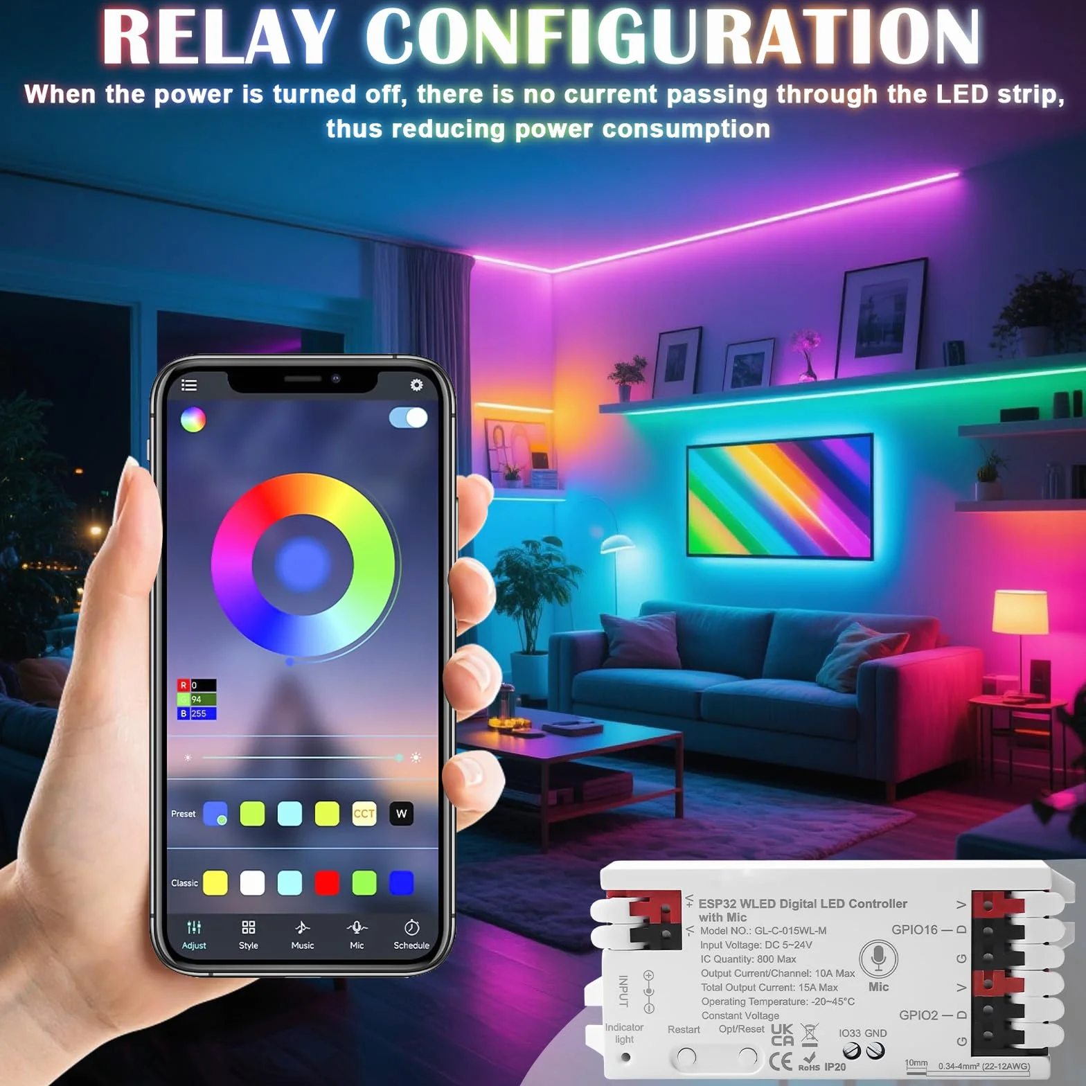 Confezione da 2 controller WLED con microfono: ESP32 DC 5V-24V Digital LED Strip Controller per striscia LED indirizzabile Digital RGB IC WS2811 WS2812B SK6812 WS2815 RGBW striscia LED indirizzabile