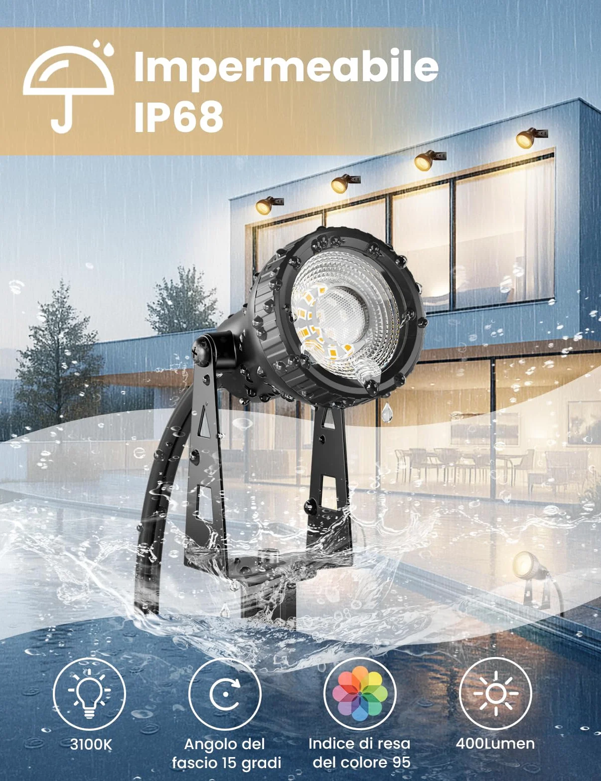 ZOTOYI Impermeabile IP68 Faretti da Giardino Kit Illuminazione Giardino 32M 10-in-1 con Adattatore, 30W LED Luce Calda 3100K per Prati, Viali d'Ingresso, Eventi all'Aperto